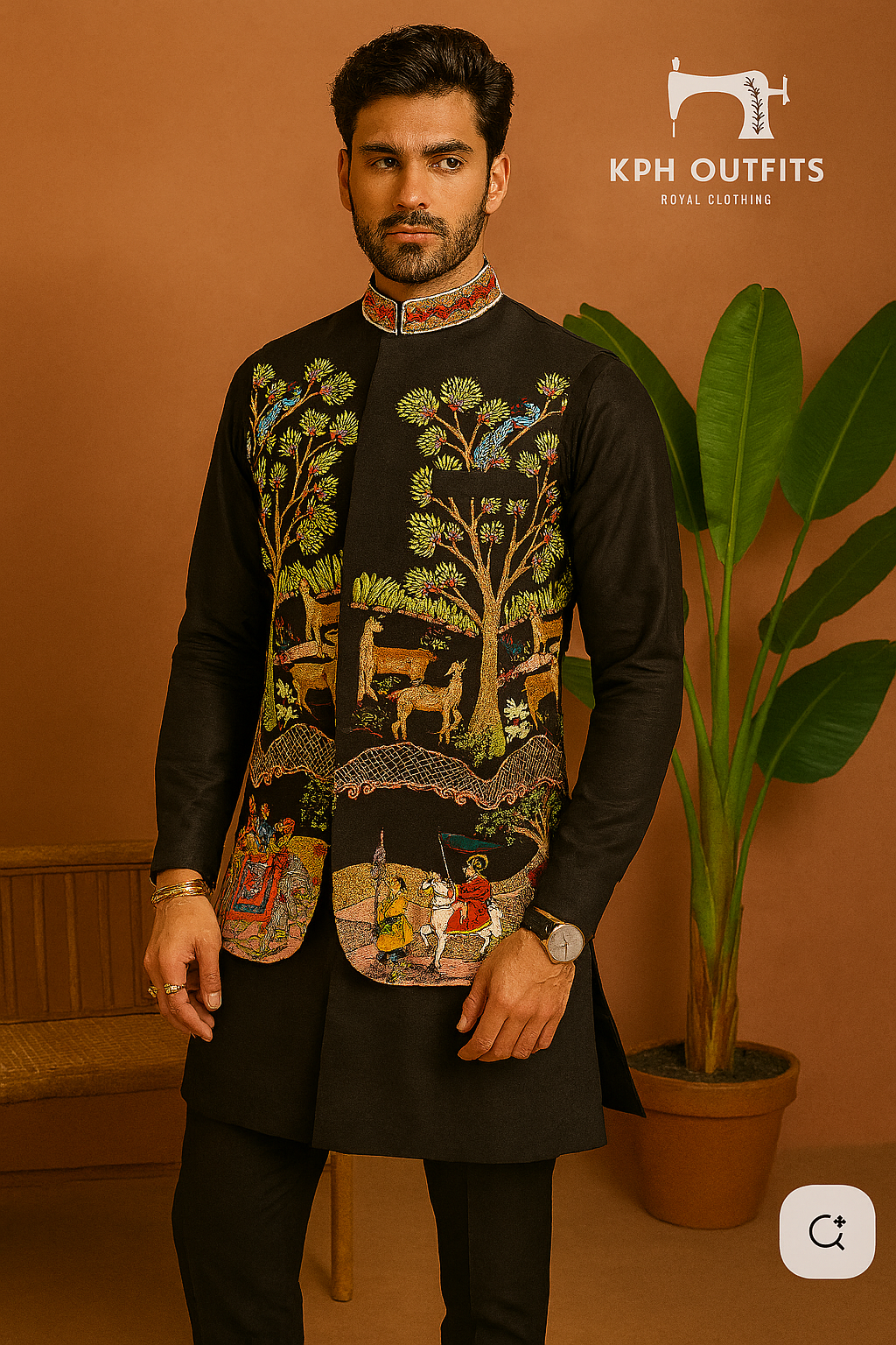 Groom wearing designer Bundi set with embroidered waistcoat