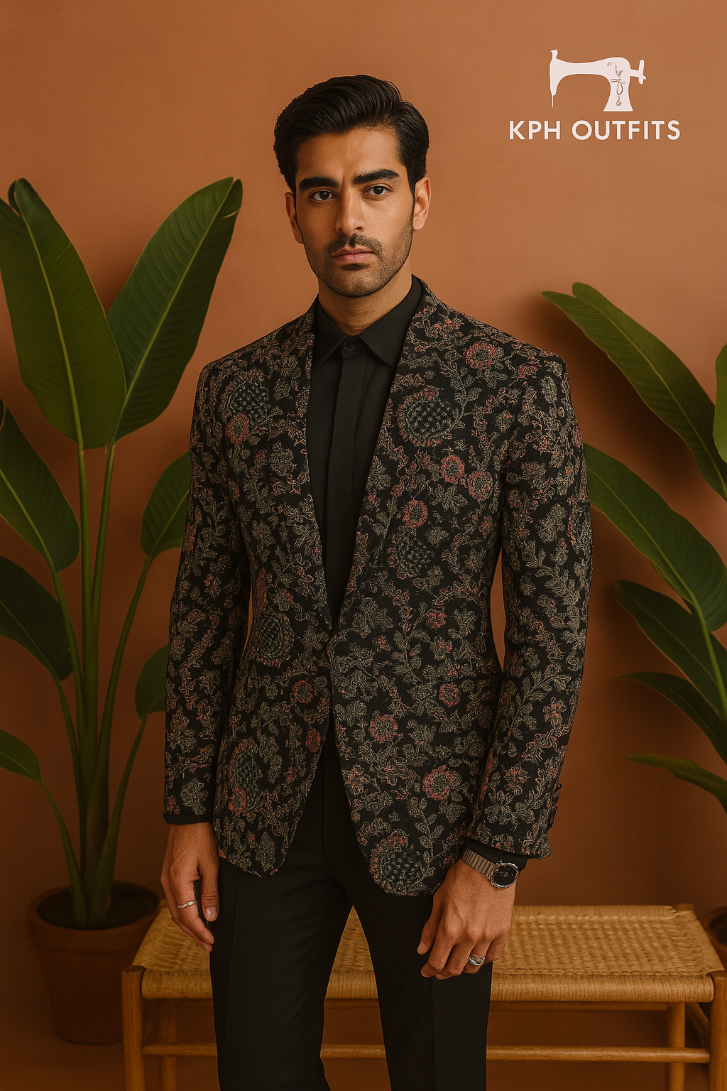 Groom wearing embellished velvet tuxedo suit front view