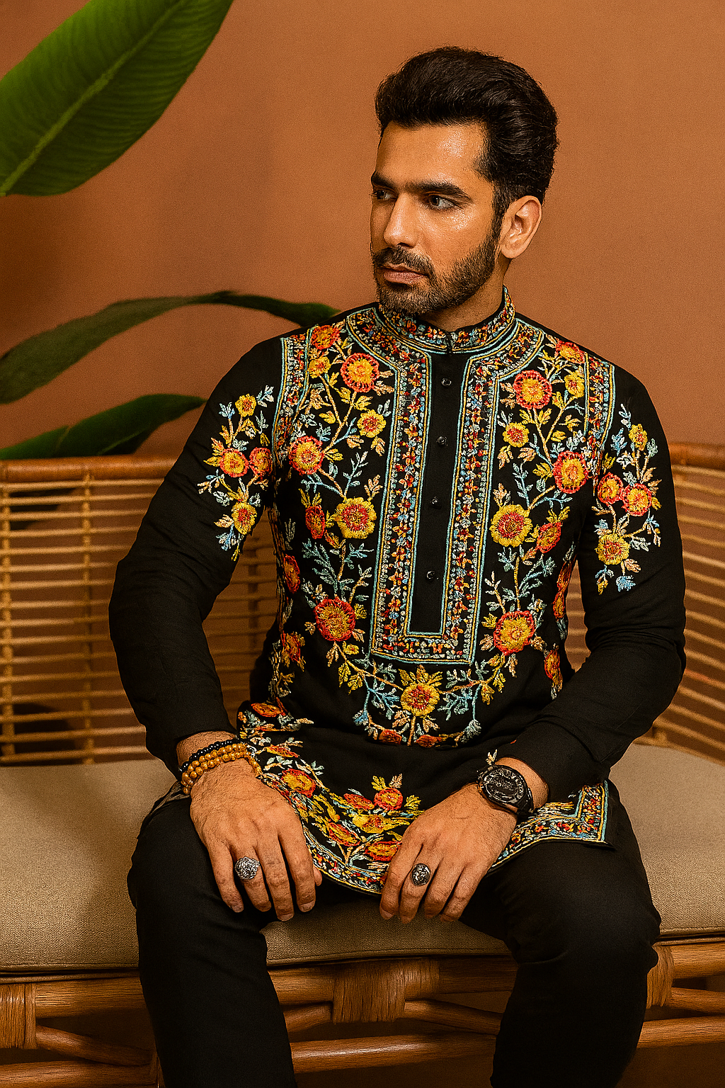 Groom wearing floral embellished kurta set in Japanese fabric for wedding