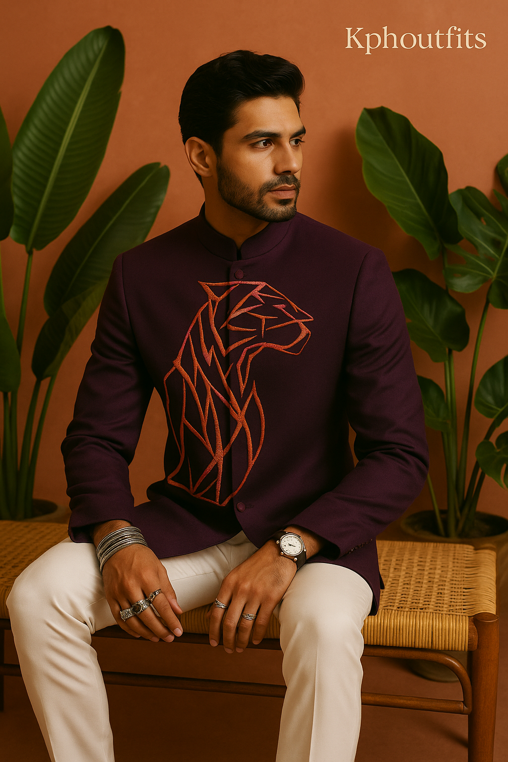 Groom wearing luxury embroidered bandhgala suit for wedding