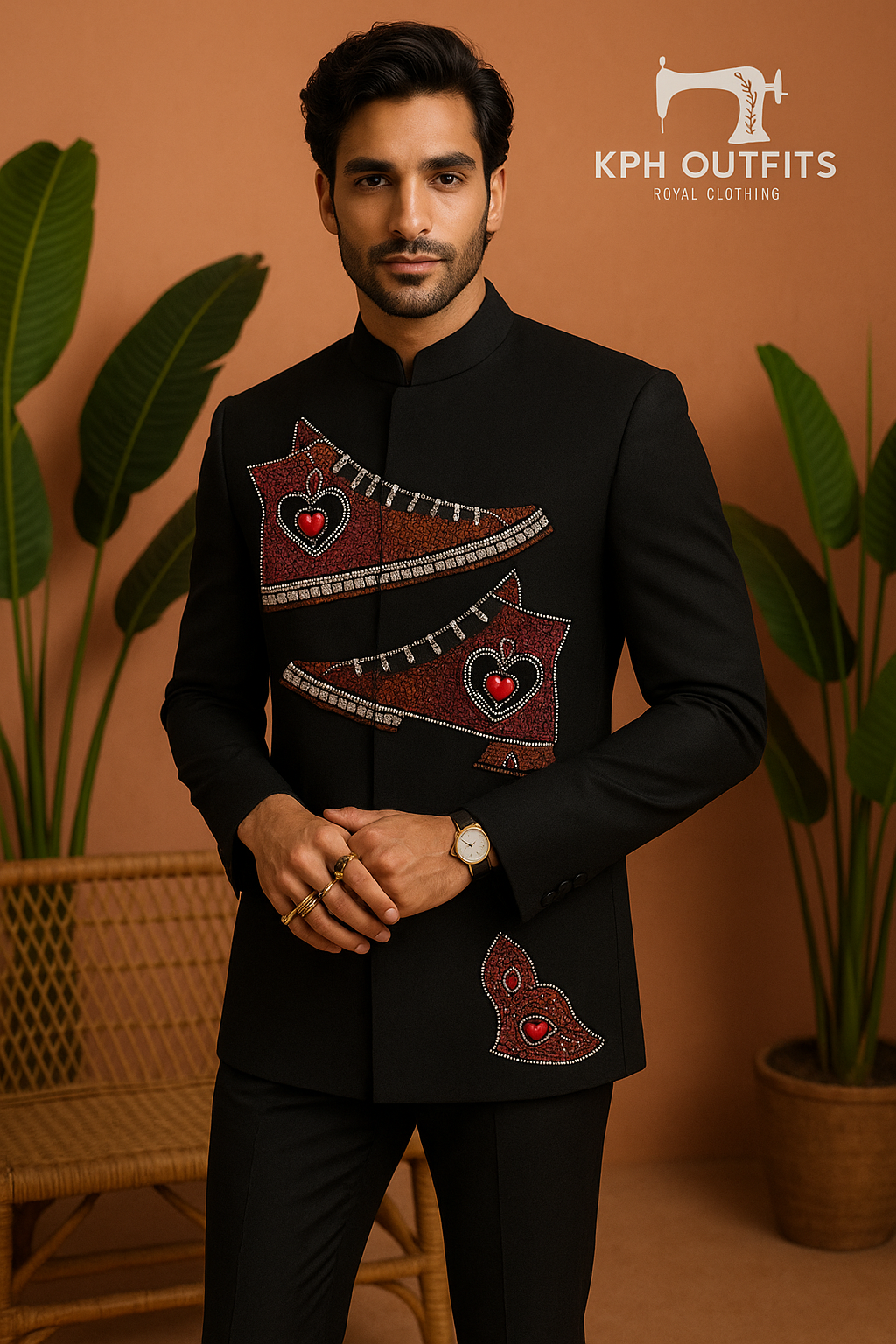 Front view of men’s exclusive designer bandhgala suit in premium Japanese fabric