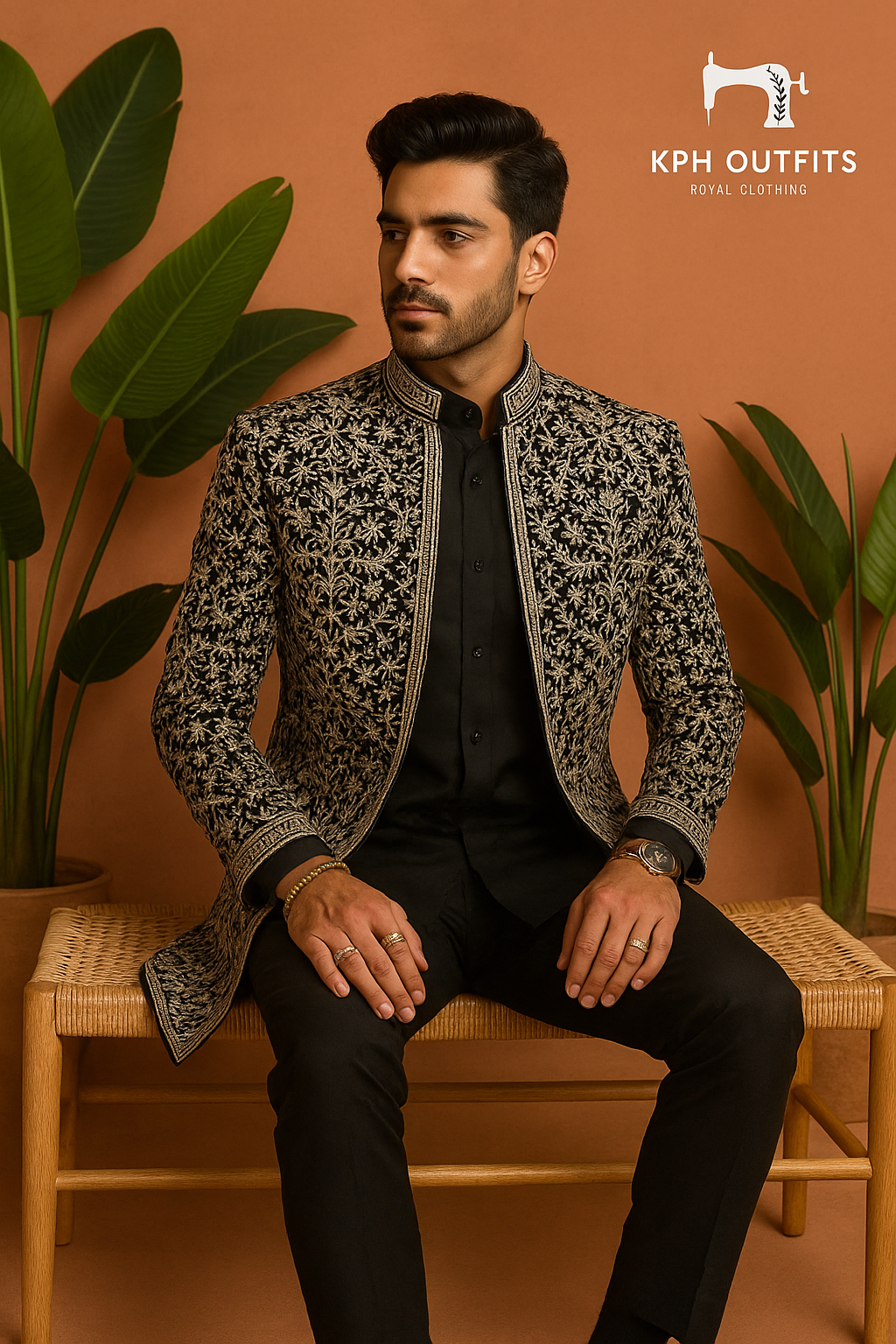 Groom wearing luxury micro velvet Jodhpuri with gold embroidery