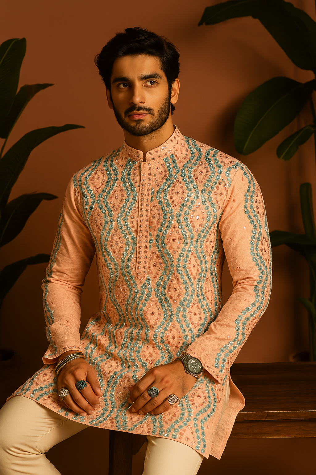 Groom wearing mirror work kurta set in raw silk for wedding