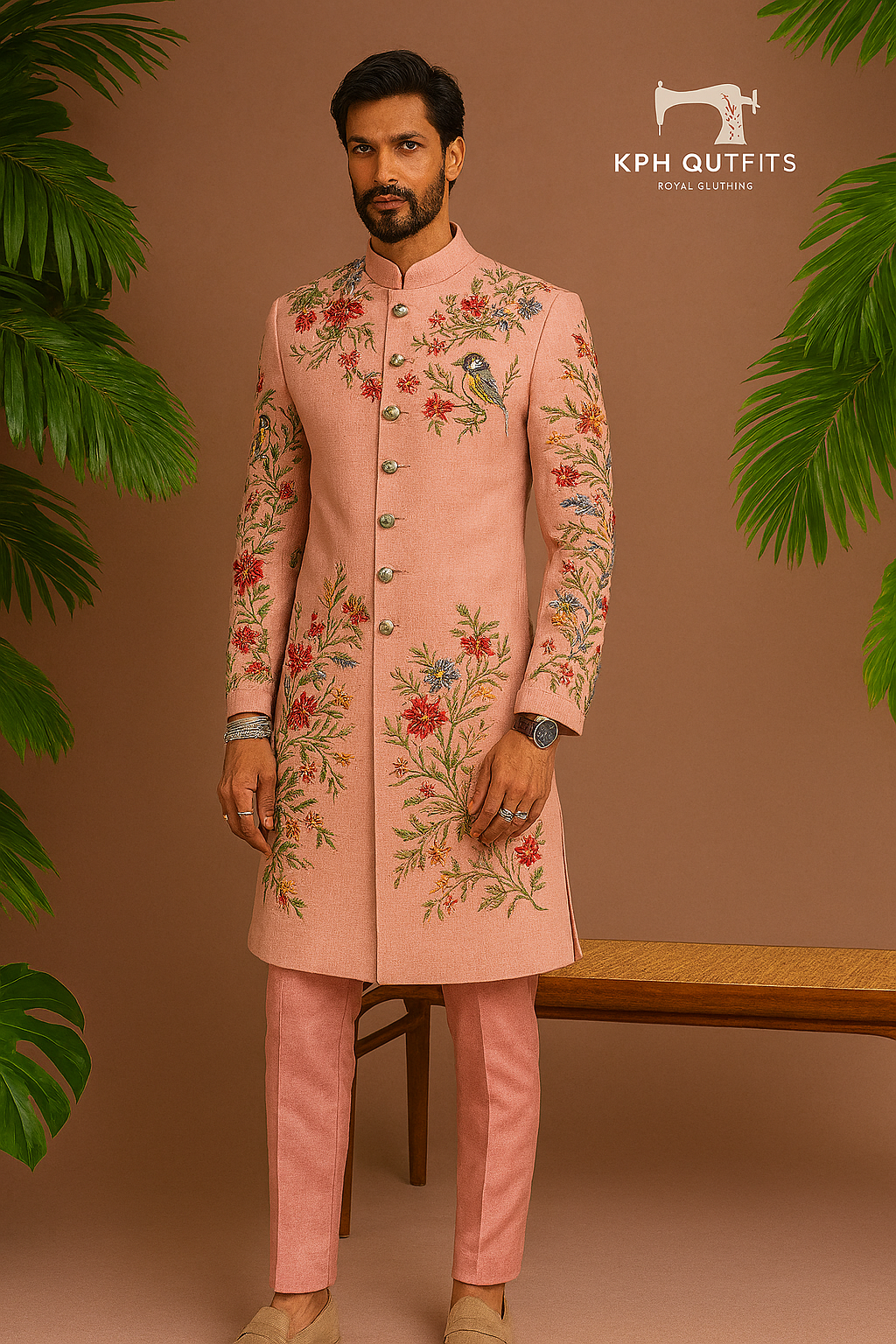 Groom wearing peach sherwani with intricate thread work embroidery