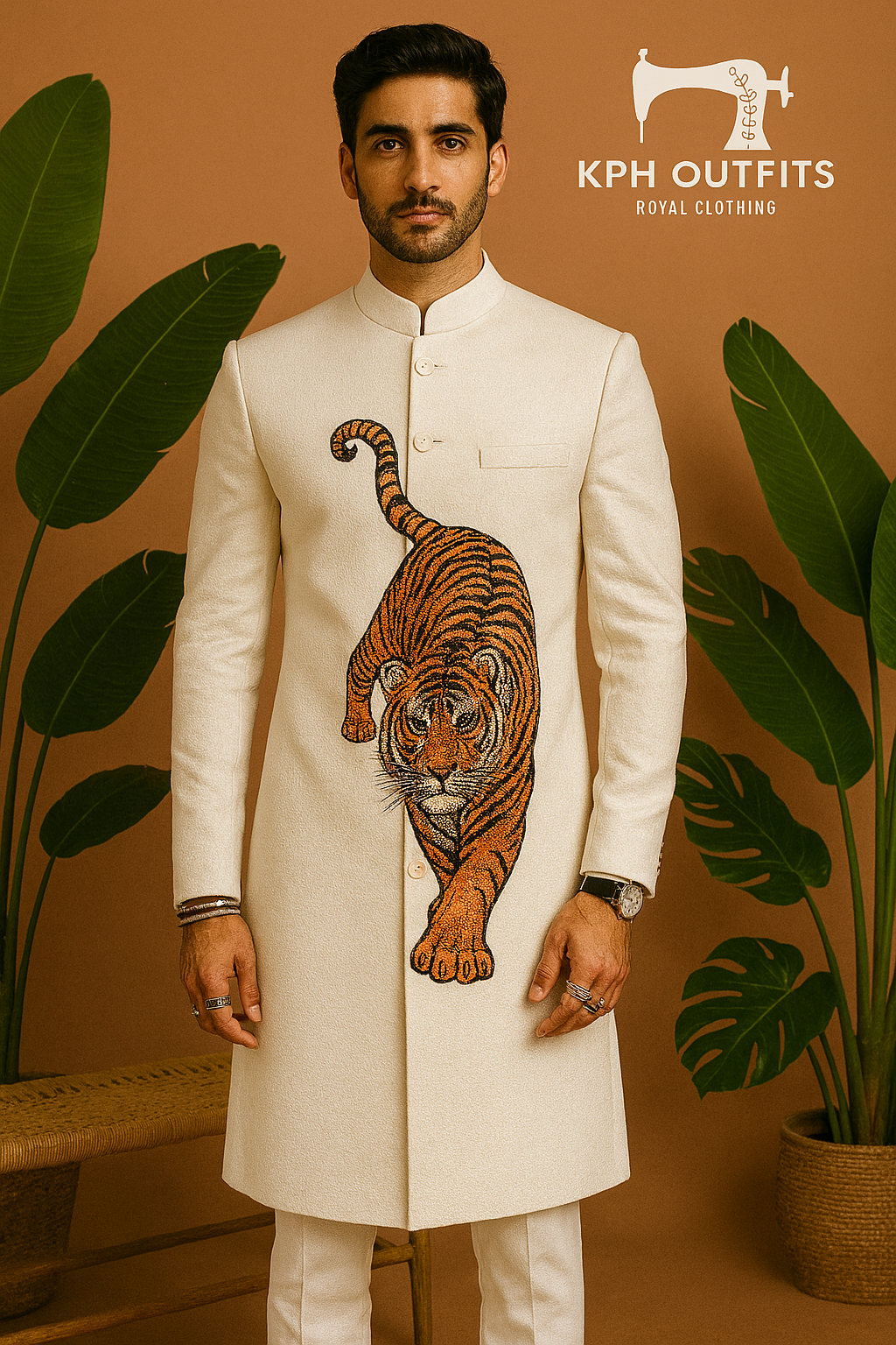 Groom wearing white sherwani with bold embroidered tiger design