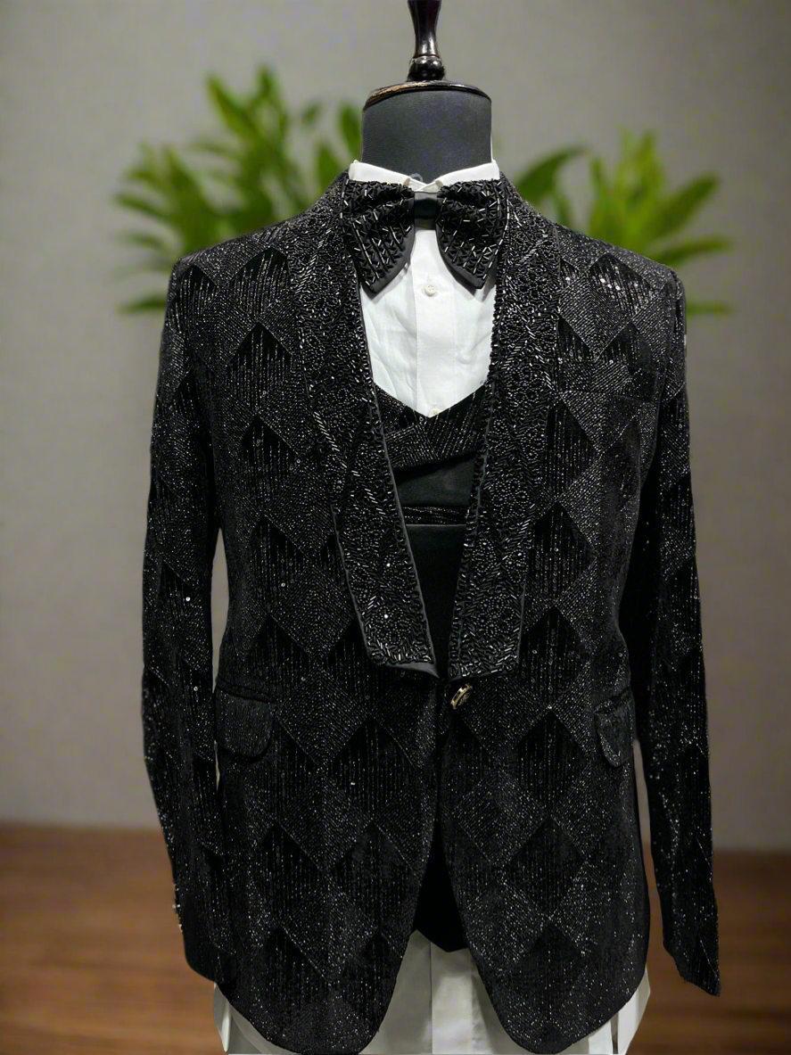 Handcrafted Black Formal Suit with Bow Tie.
