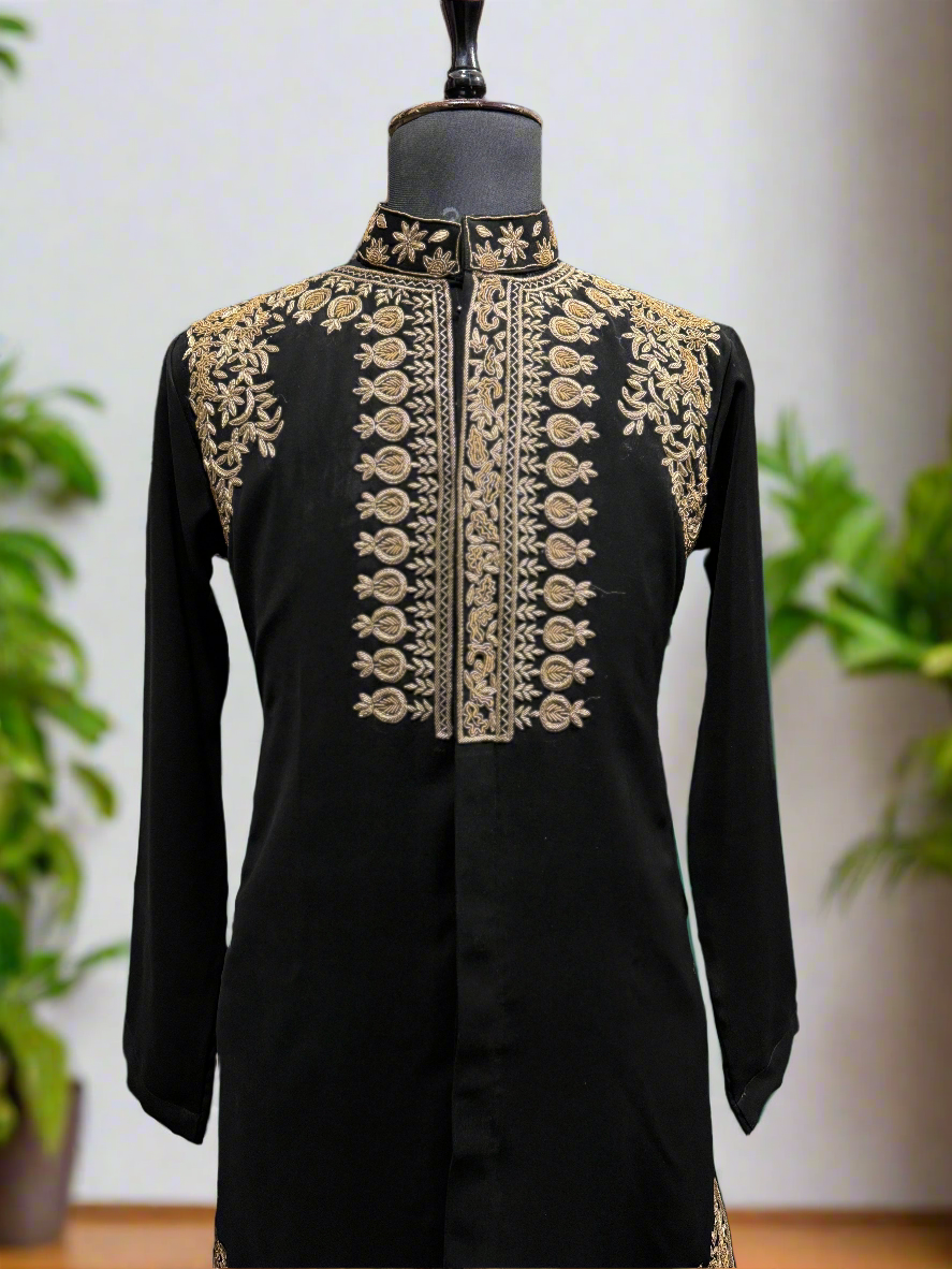 Handcrafted Black Kurta Set for Men - Close-Up
