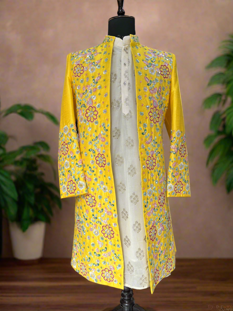 Handcrafted Indo-Western jacket with silk kurta and pants.