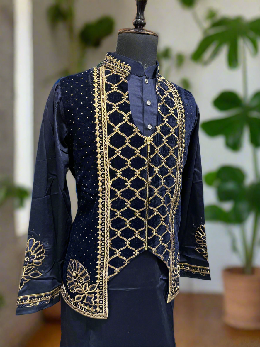 Handcrafted Zardozi embroidery navy blue formal attire for men