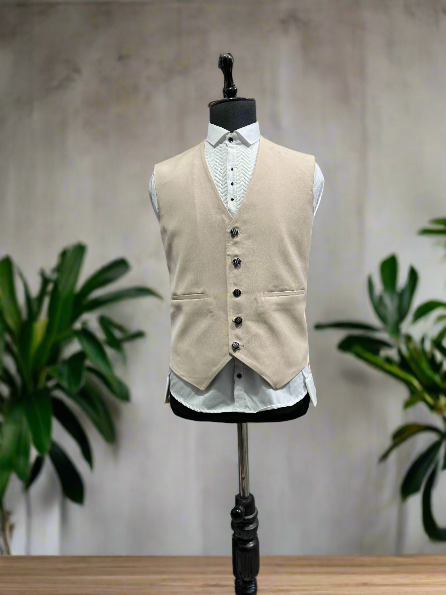 Handcrafted beige tuxedo suit with elegant peak lapel