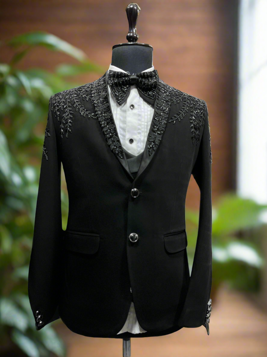 Handcrafted black shawl lapel tuxedo suit for men with cut dana work"