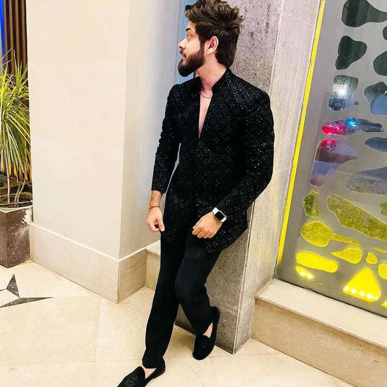 Men's Black Velvet Self Embroidery Jodhpuri Set Handcrafted Designer Jacket Pant