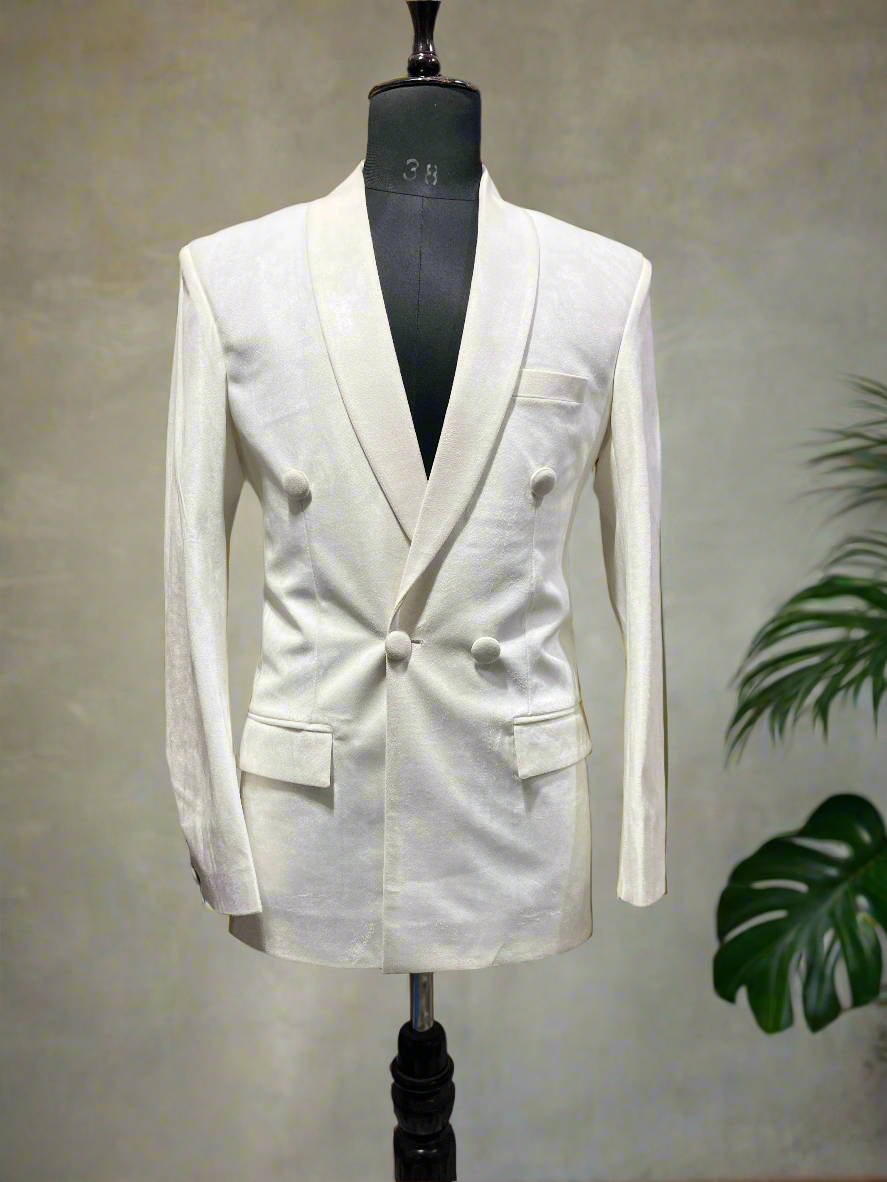 Handcrafted double-breasted ivory tuxedo with velvet fabric