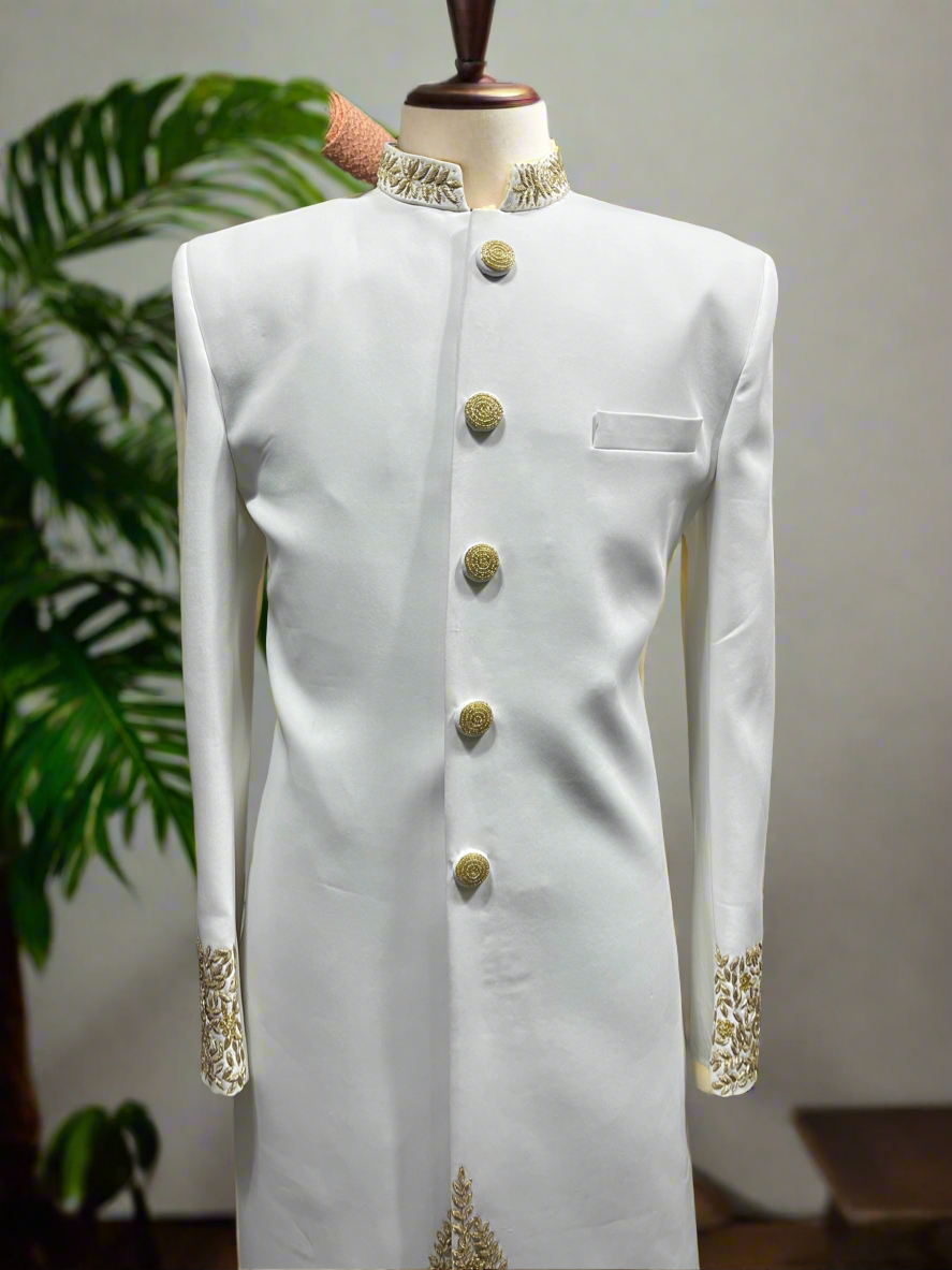 Handcrafted ivory sherwani with matching shawl and pants