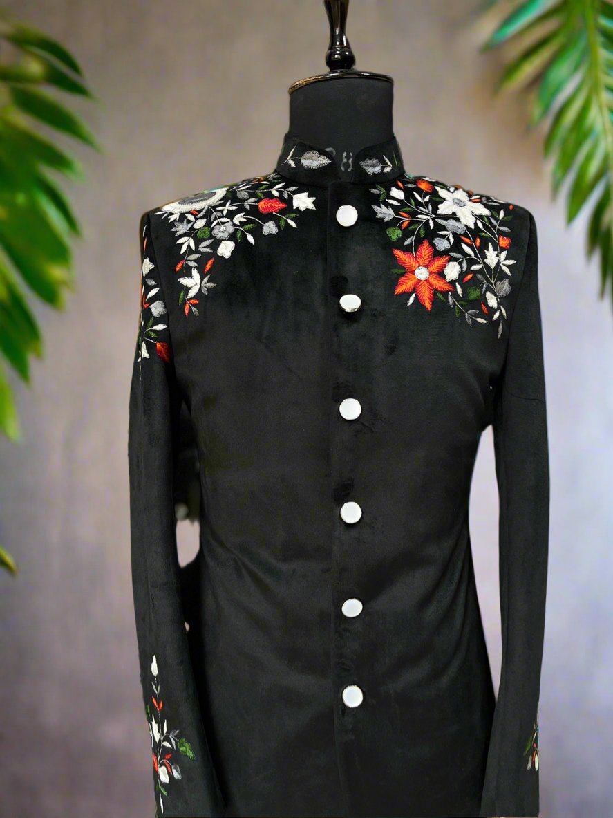 Handcrafted men's sherwani set with modern zipper pants.