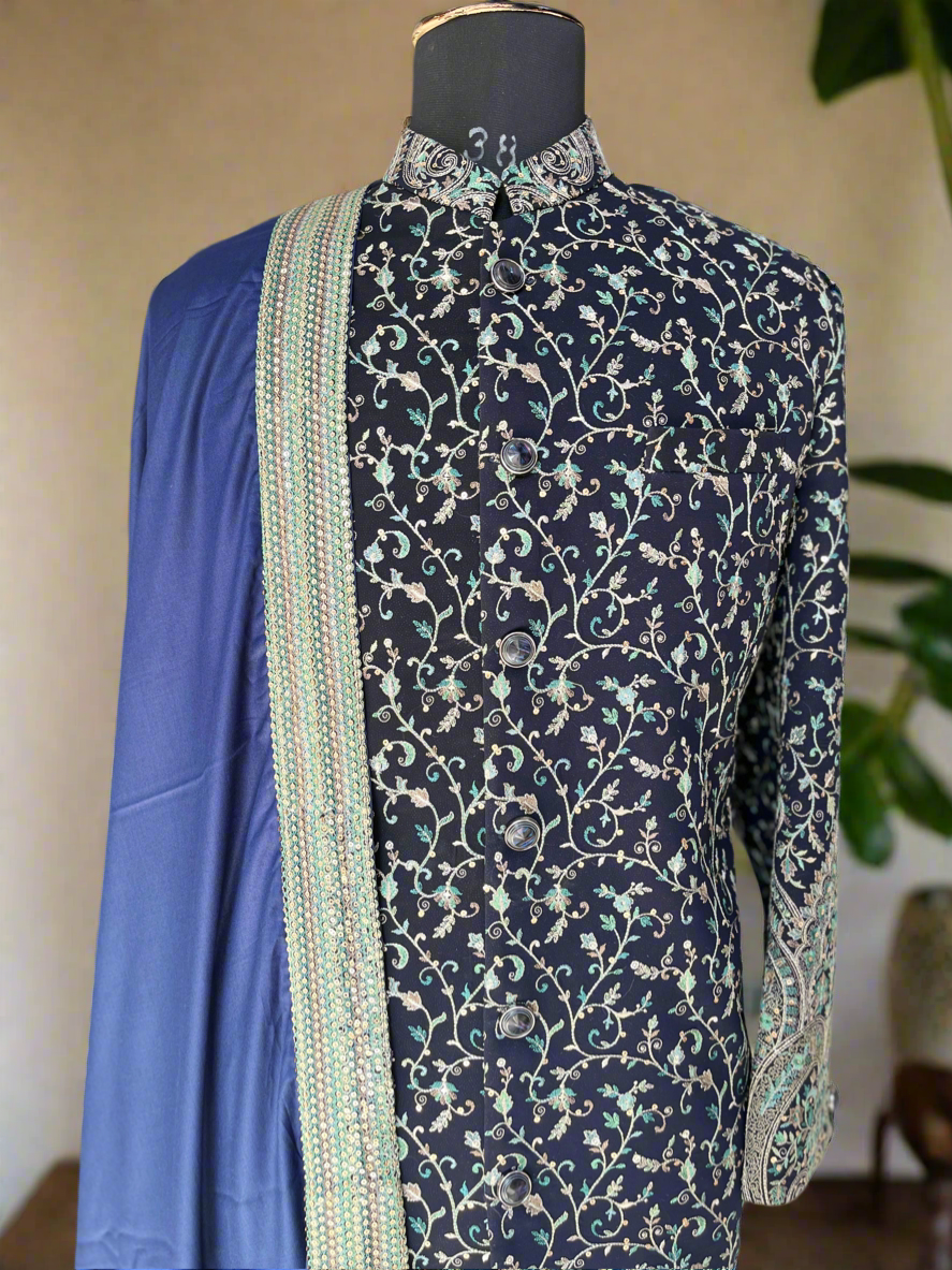 Handcrafted navy blue sherwani outfit with concealed button closure