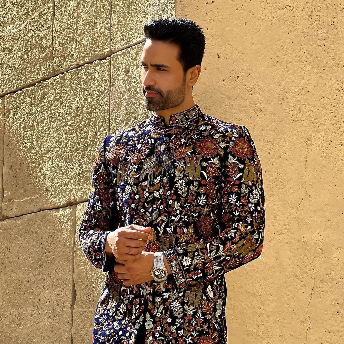 Handcrafted silk wedding sherwani with thread embroidery details