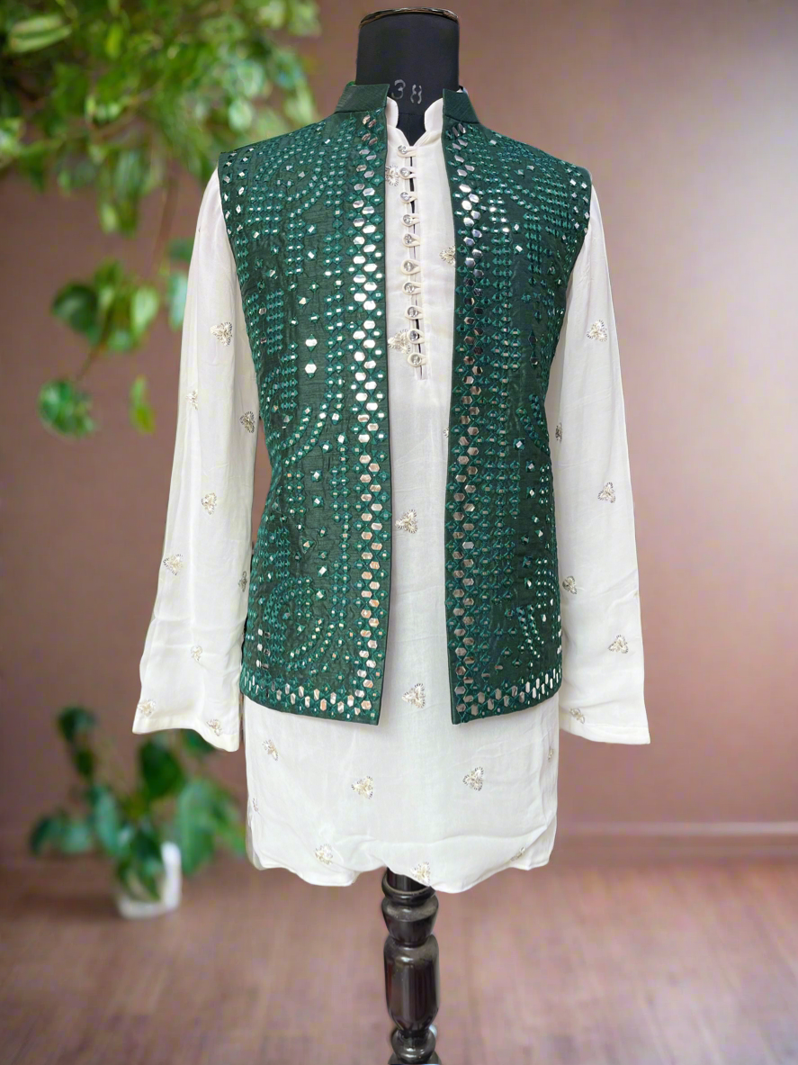 Handmade fake mirror bundi kurta set for men
