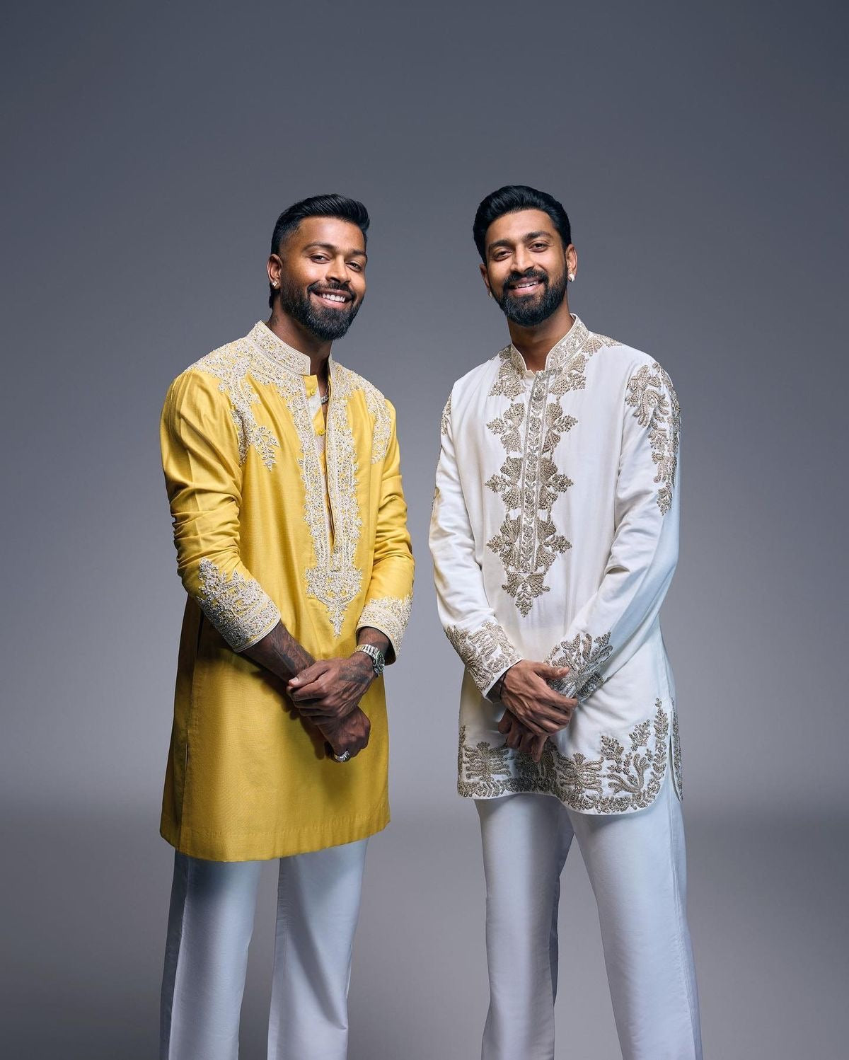 Hardik Pandya style yellow kurta set with embroidery