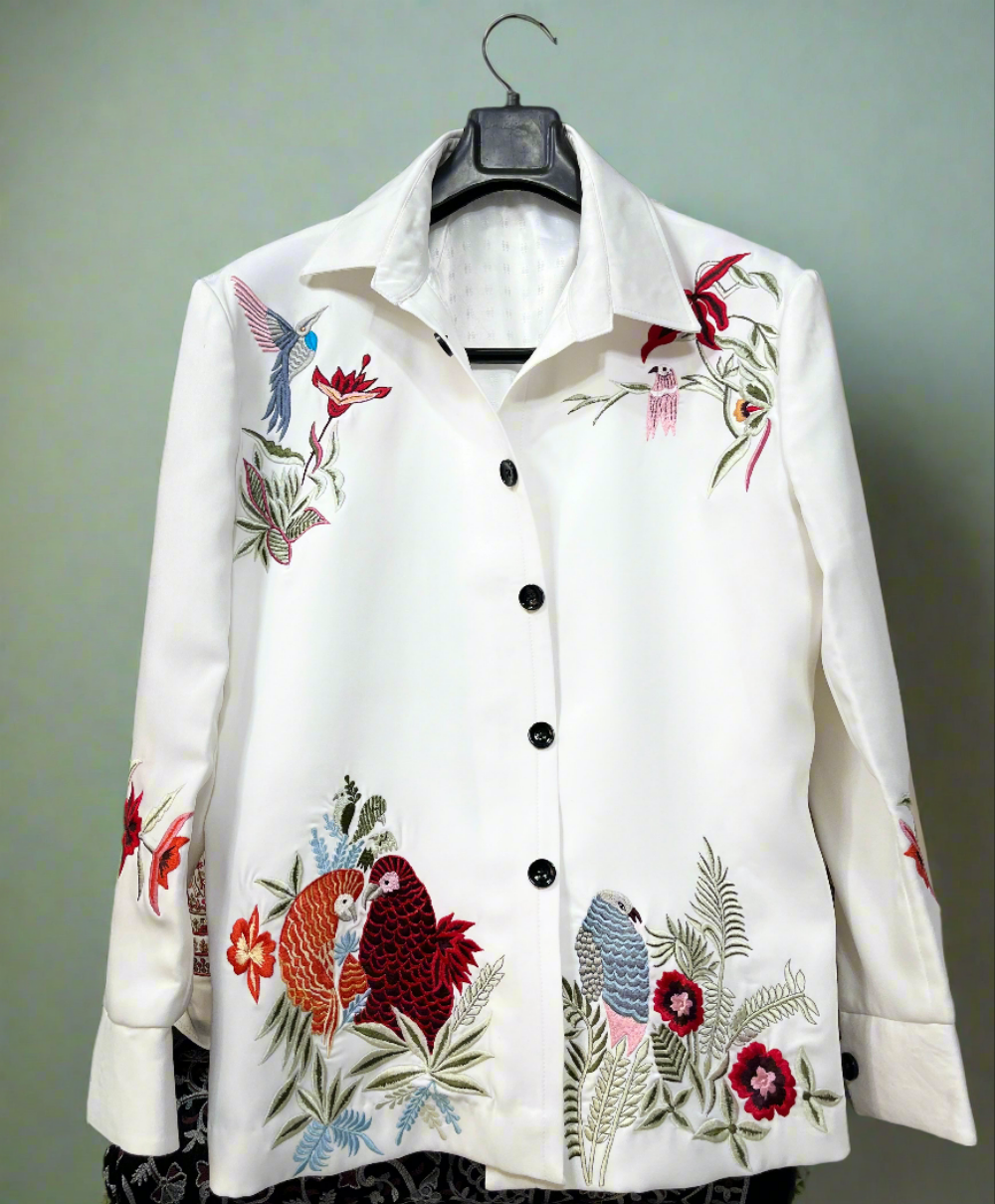 Men's White Multi Colour Birds Embroidery Shacket Set