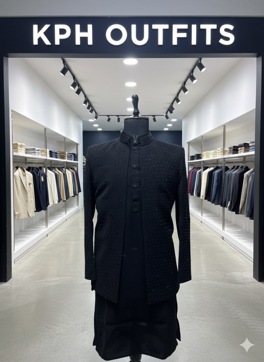 Stylish black monochromatic 3-piece set for wedding receptions