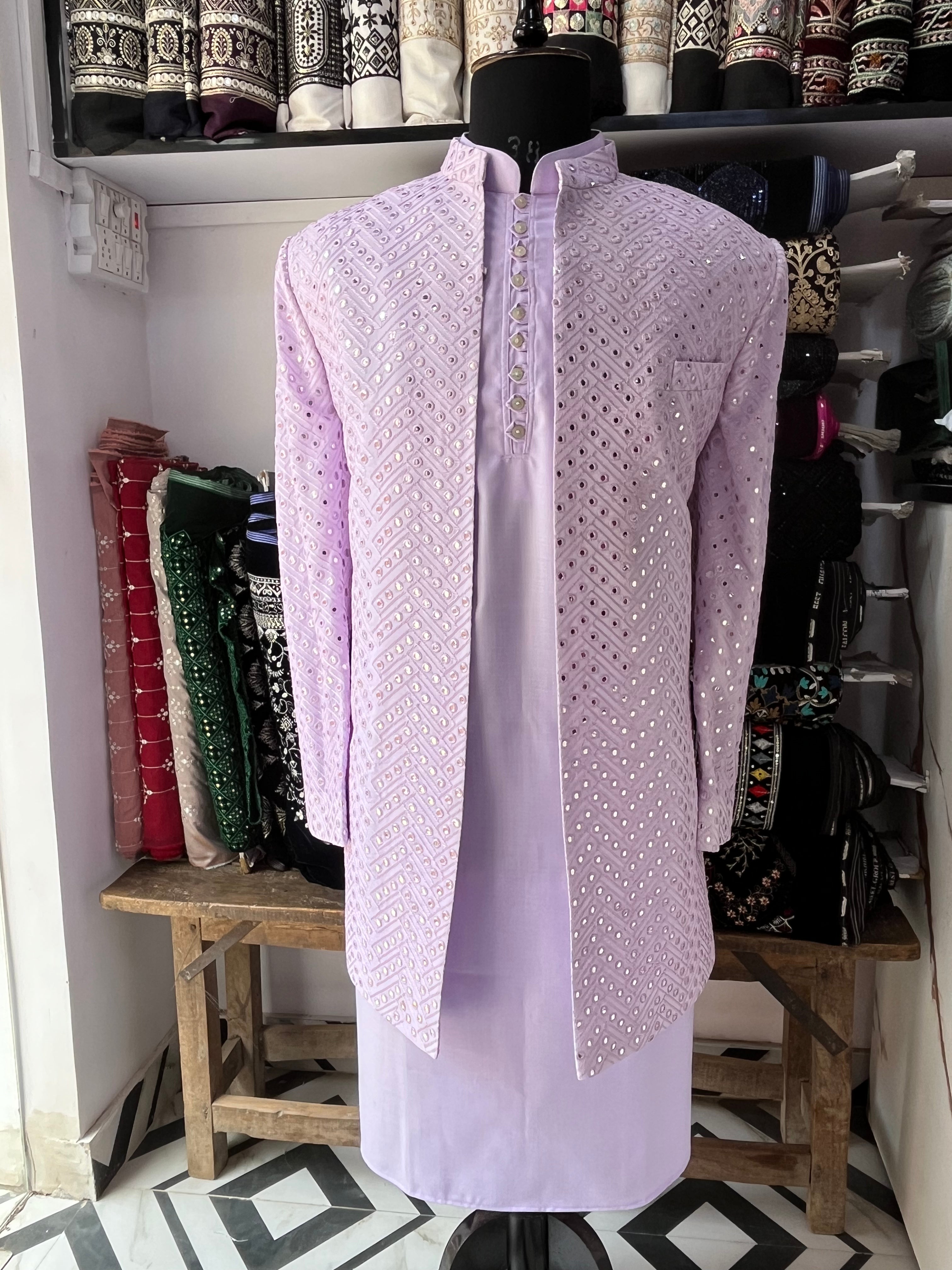 Men's Lavender Mirror Zigzag Pattern Design Indowestern Set