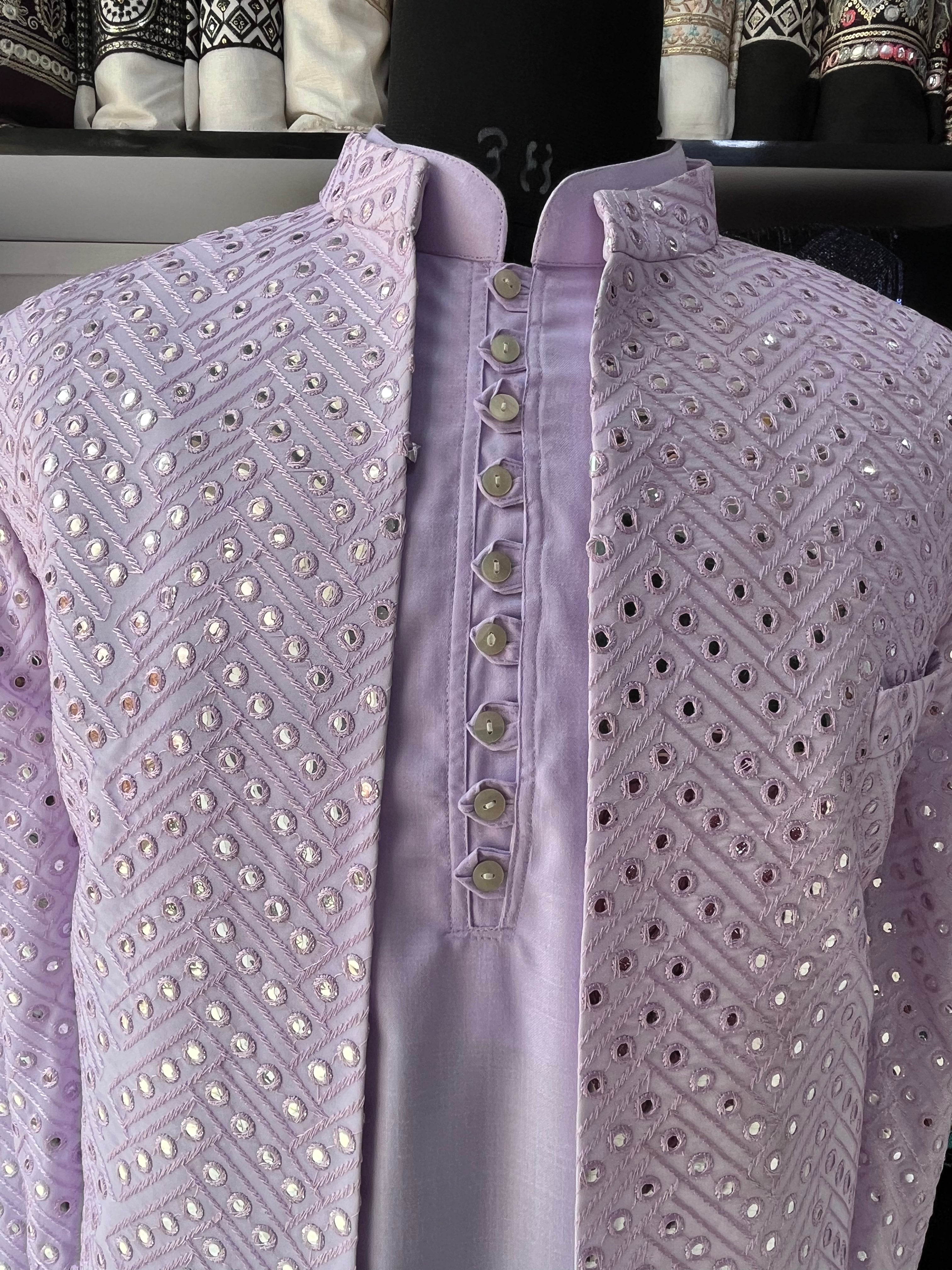 Men's Lavender Mirror Zigzag Pattern Design Indowestern Set