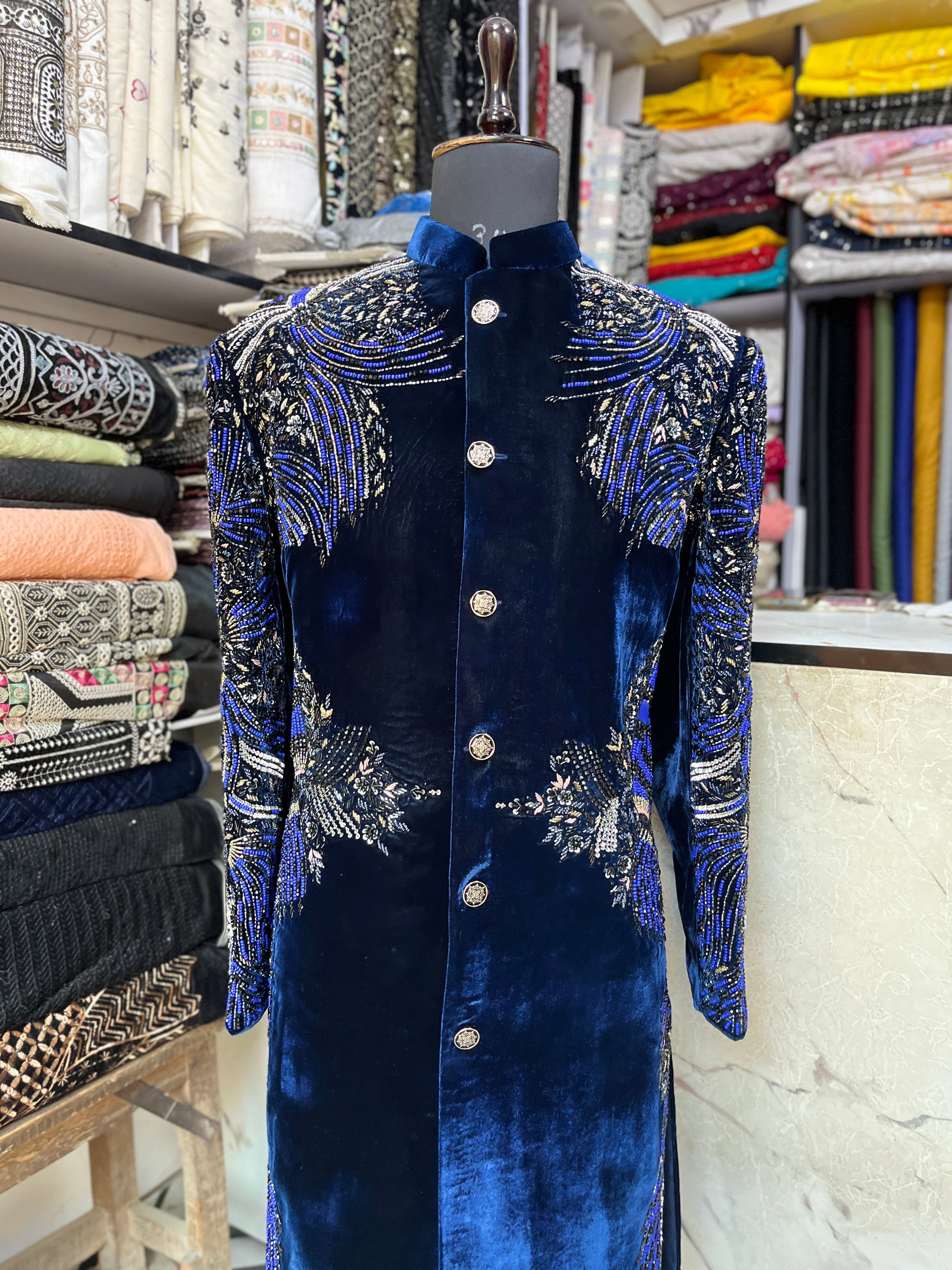 Men's Navy Blue Velvet Handcrafted Luxury Embellished Sherwani Set