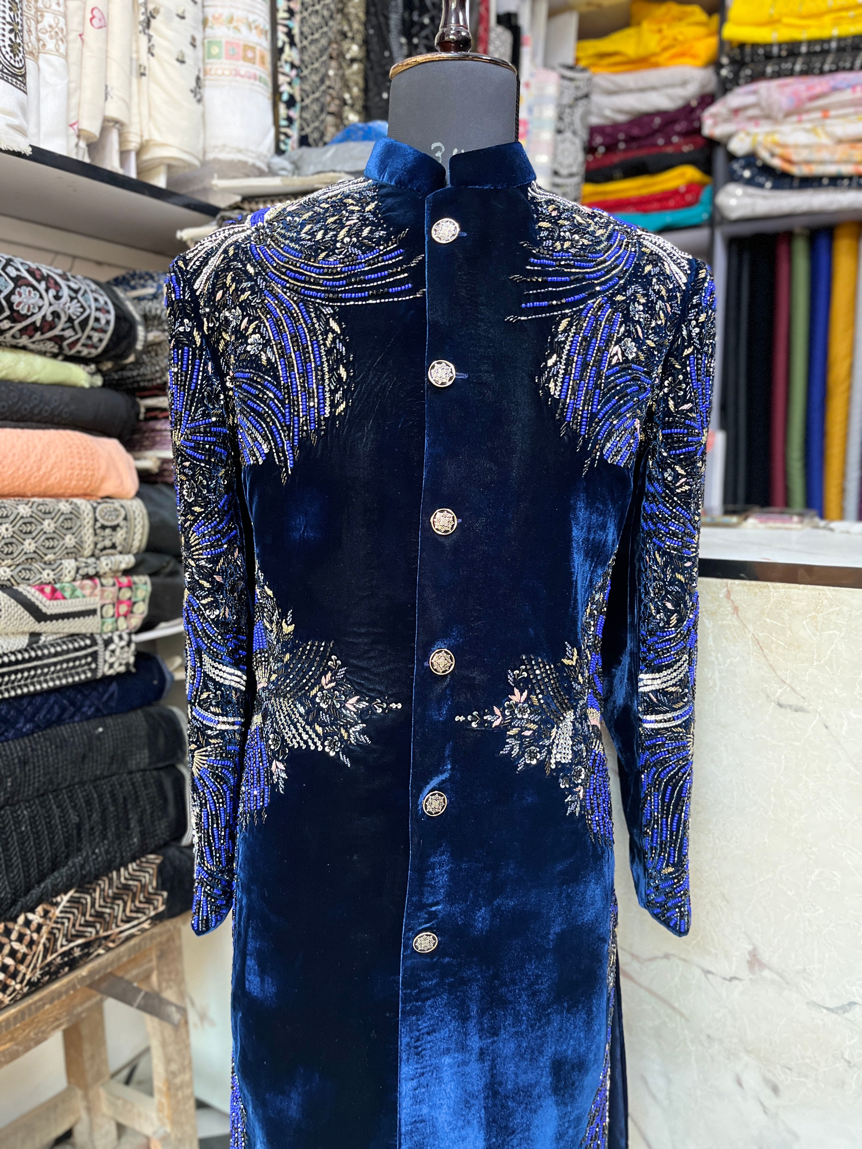 Men's Navy Blue Velvet Handcrafted Luxury Embellished Sherwani Set