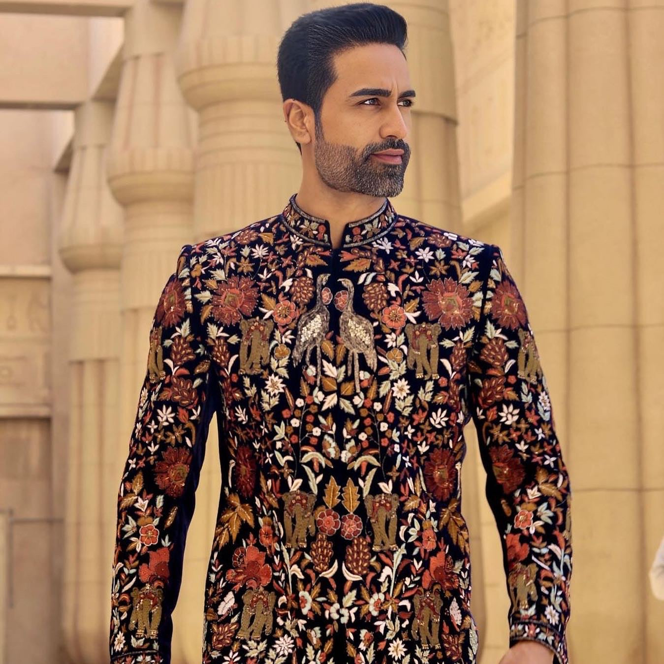 Men's Navy Blue Multi Colour Thread Embroidery Exclusive Sherwani Set