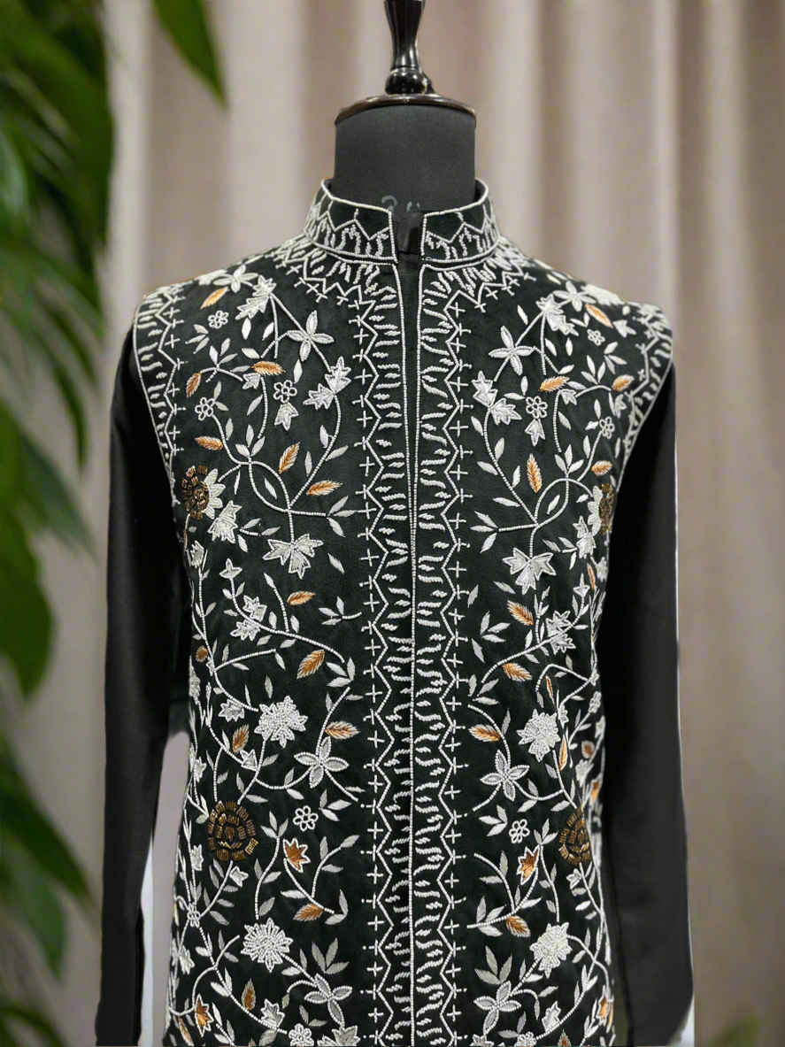 Intricate mix work embellishment on Nehru jacket.