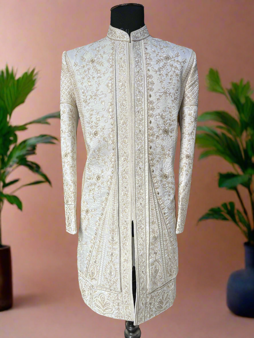 Ivory wedding sherwani with modern tailoring