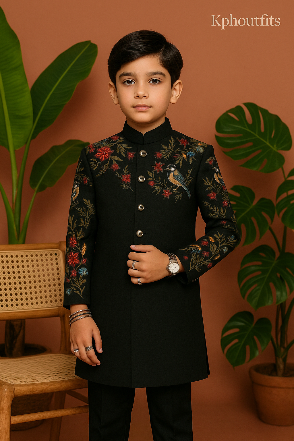 Kids multi-colour thread embellished sherwani set in luxury silk fabric