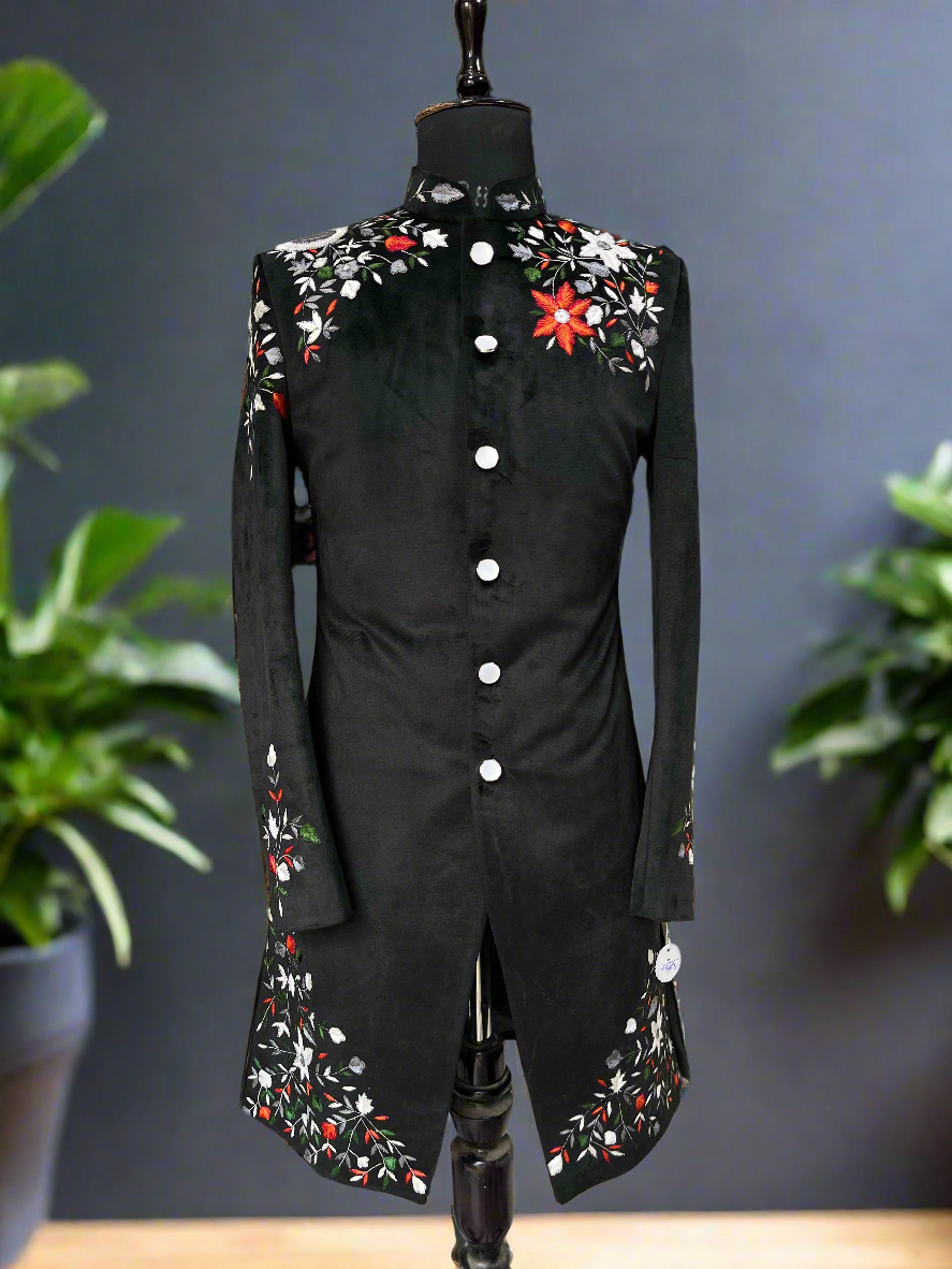 Luxurious black sherwani perfect for grooms.