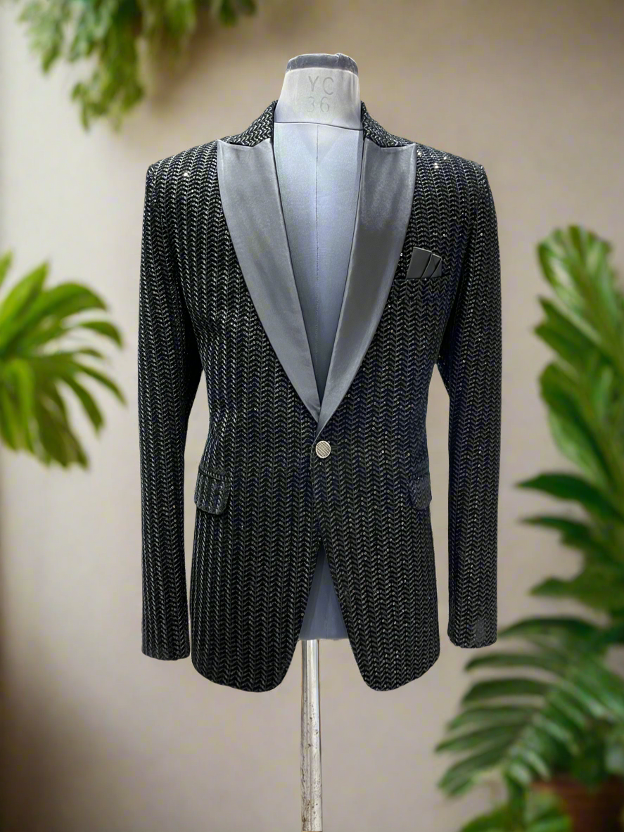 Luxurious black velvet tuxedo with satin lapels