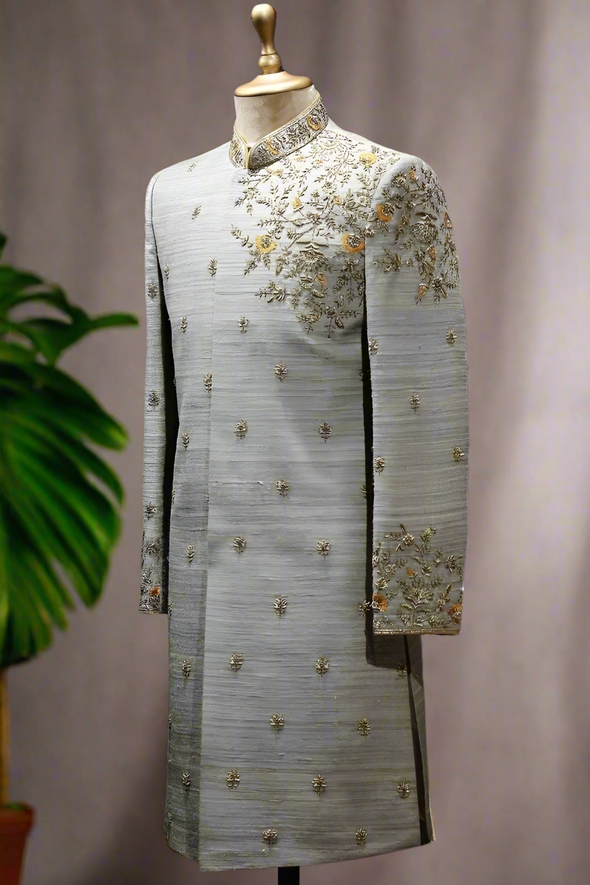 Luxurious groom sherwani set in gray silk by KPH Outfits