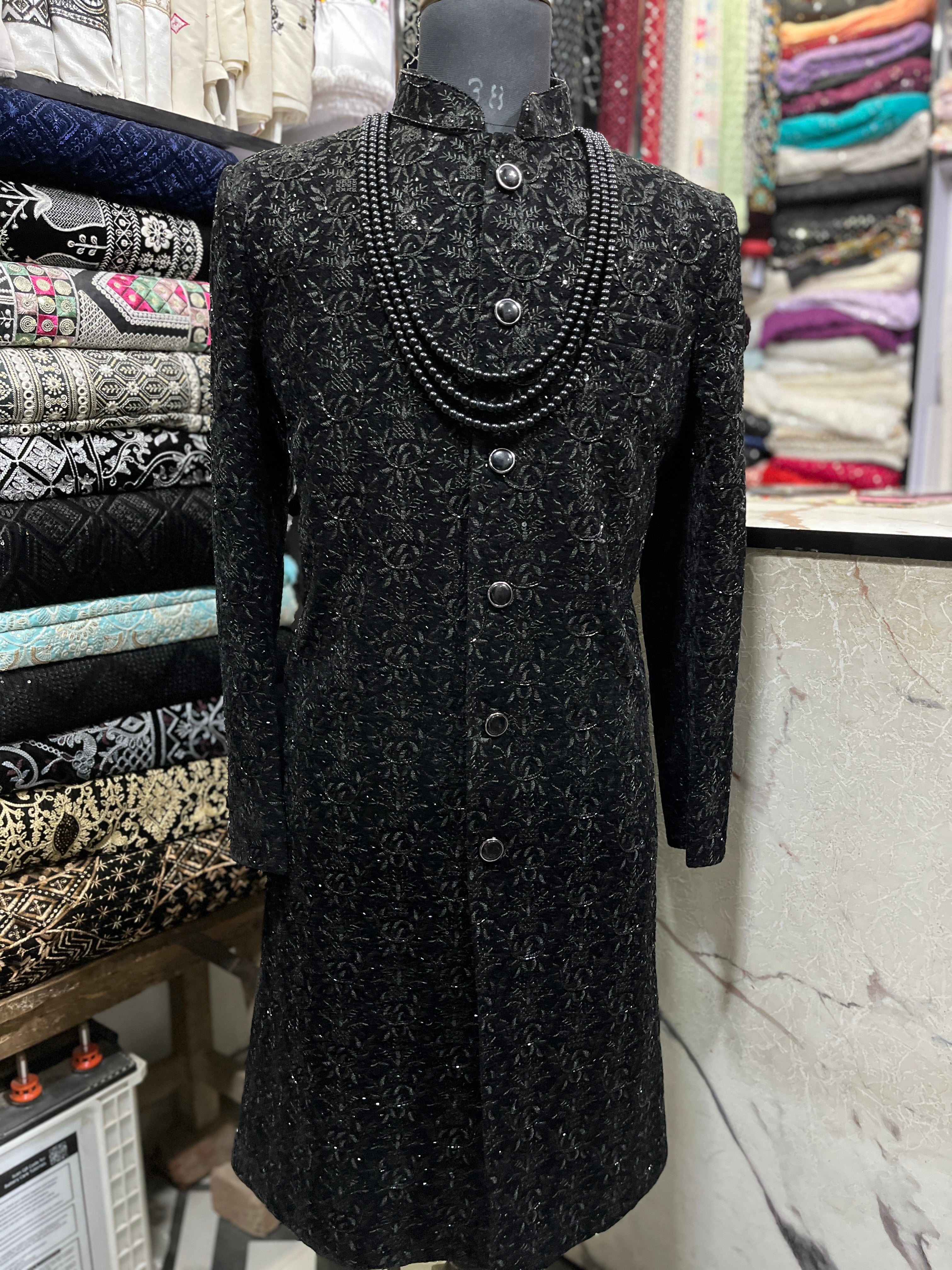 Luxury Black Sherwani with Cut Dana Work for Weddings and Receptions