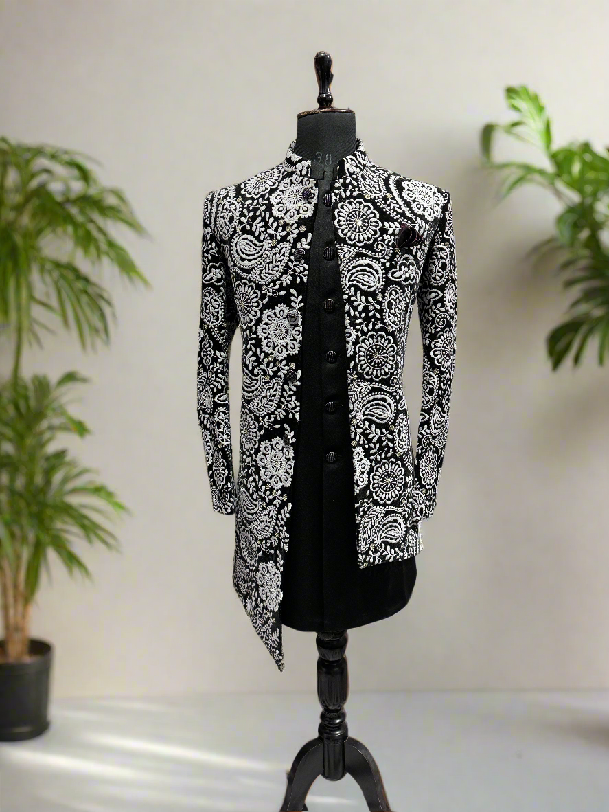 Luxury Black Velvet Indo-Western Set for Weddings