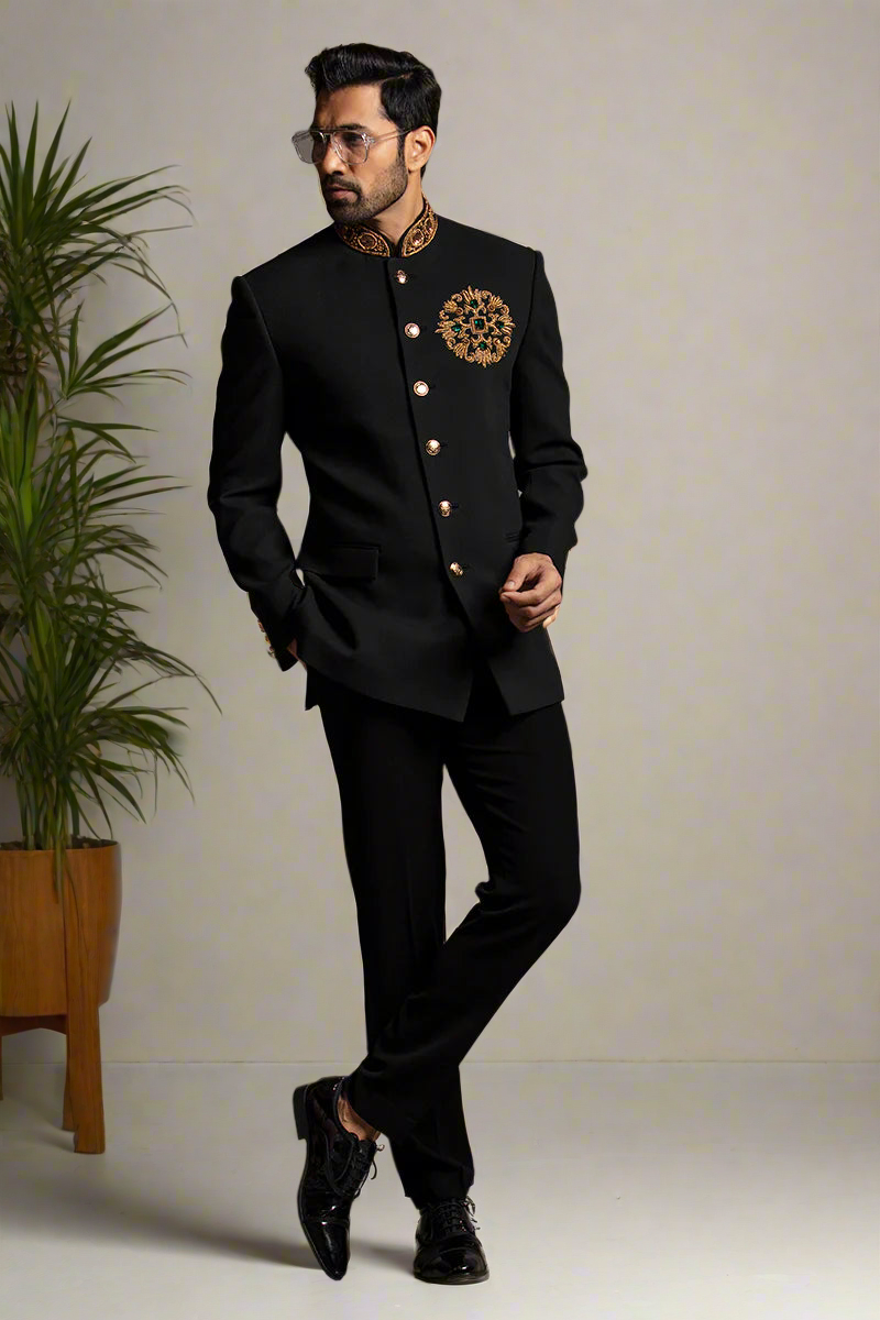 Luxury black Jodhpuri attire for grand occasions