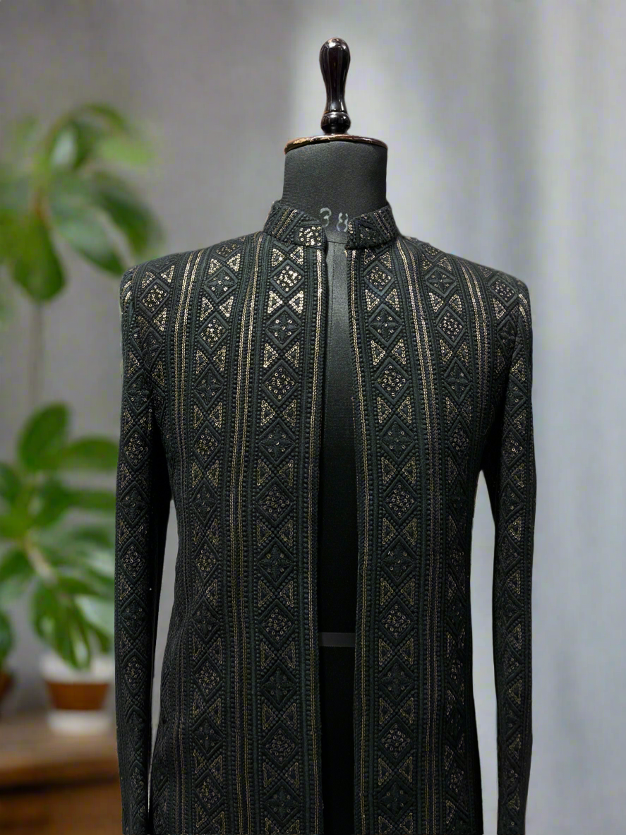 Luxury black Jodhpuri with intricate Lakhnavi embroidery