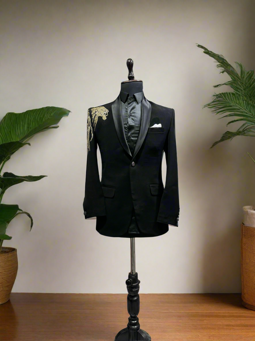 Luxury black tuxedo with bold tiger-inspired embellishments