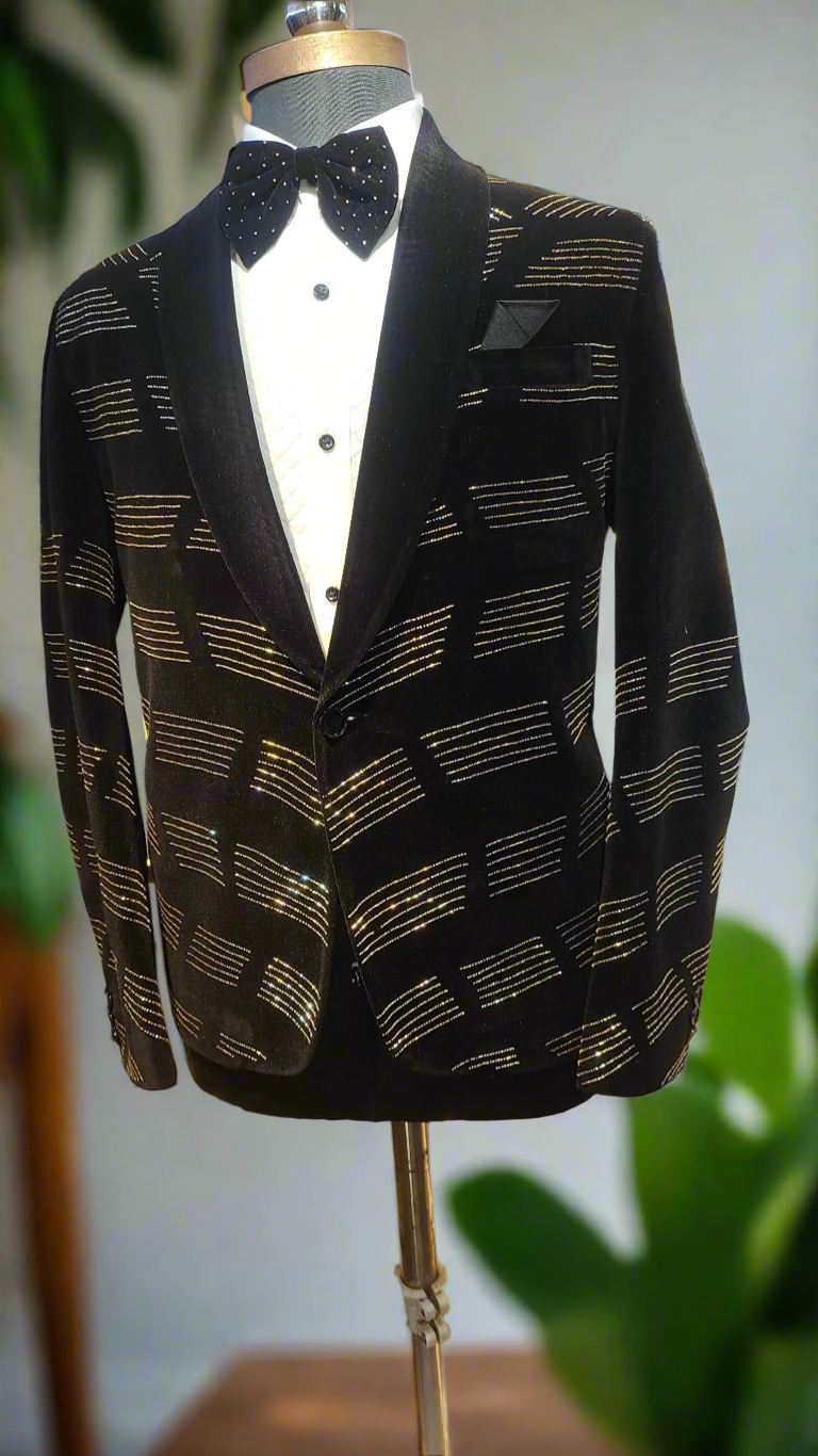 Luxury black tuxedo with modern cut work design