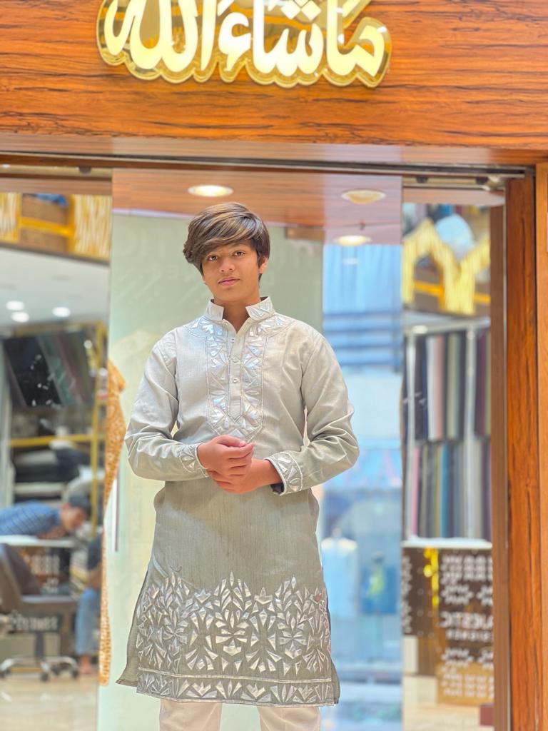 Luxury grey kurta with unique leather embellishments