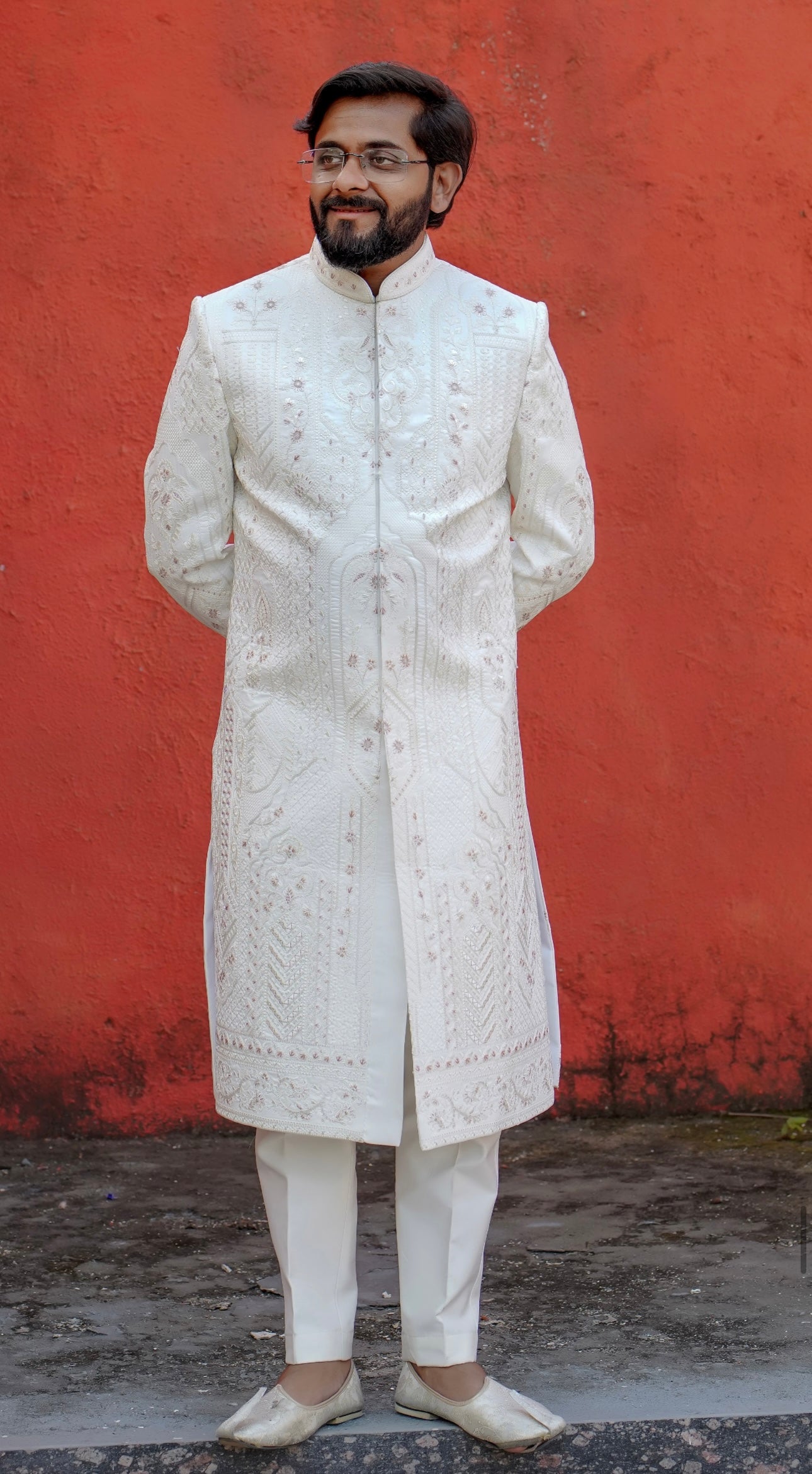 Luxury ivory wedding sherwani with hand-embellished details