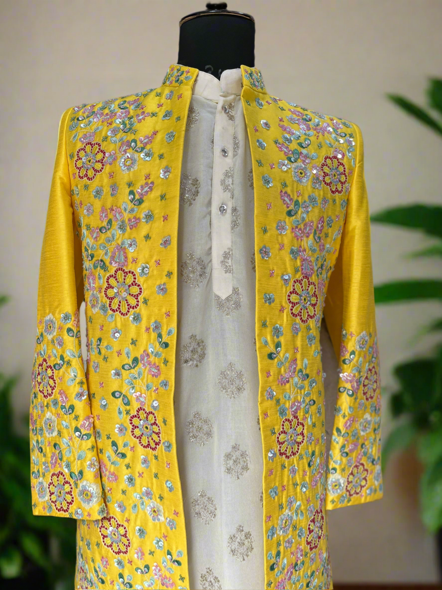 Luxury mustard silk wedding wear for men.