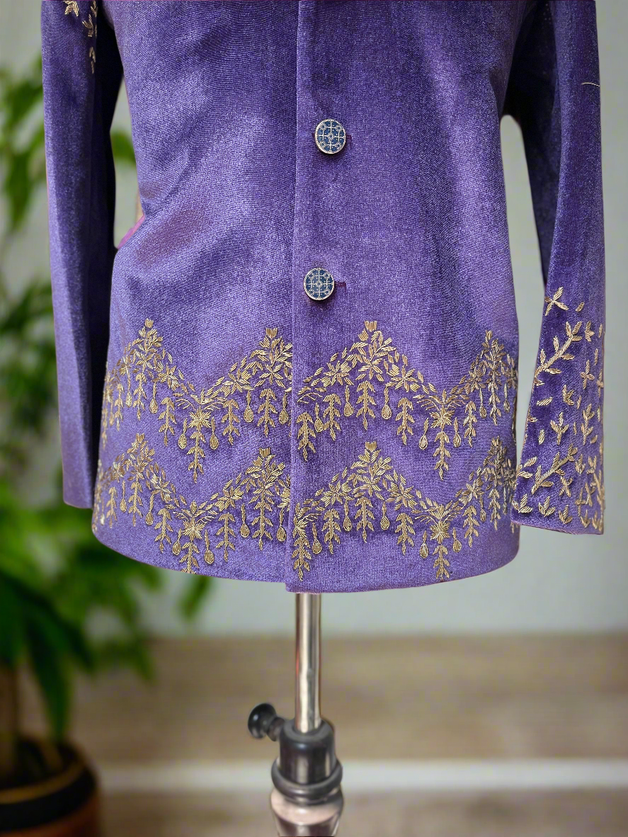 Luxury purple Jodhpuri set with intricate Zardozi detailing