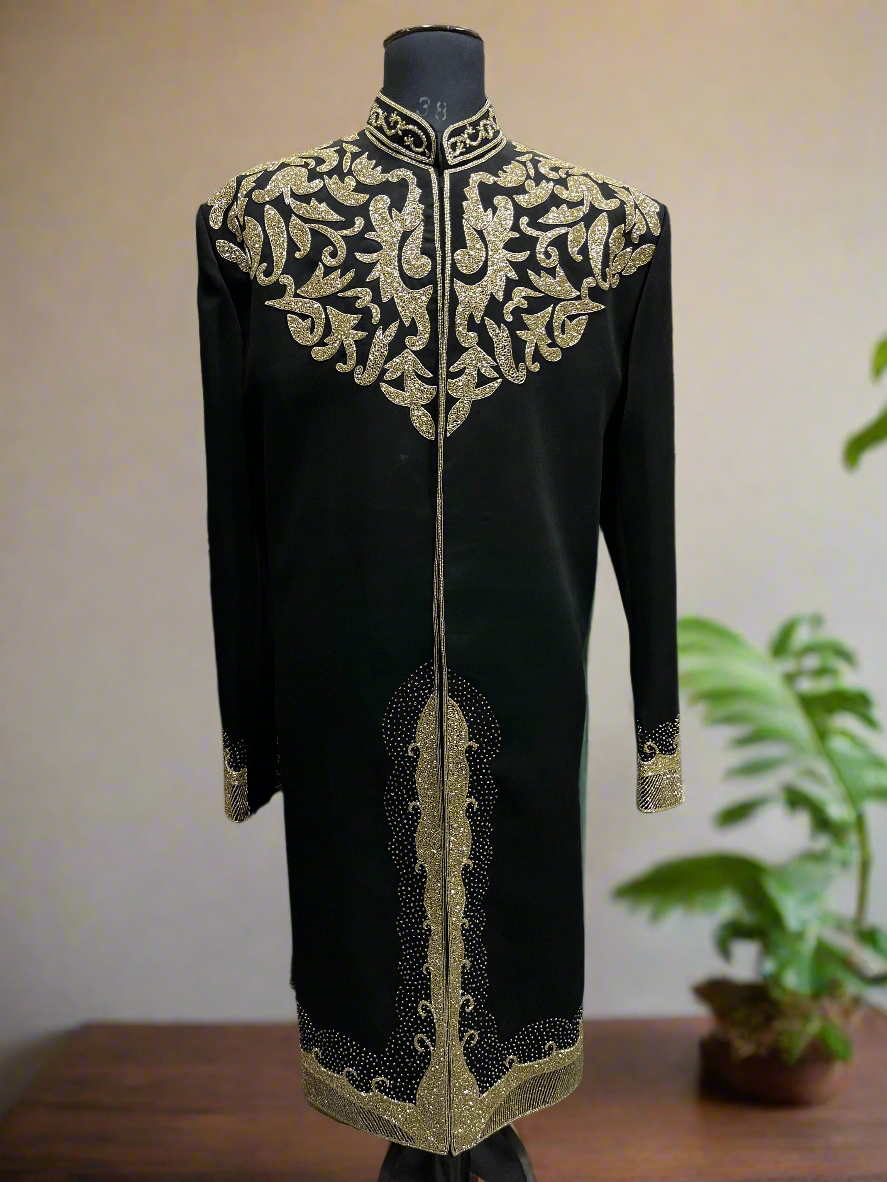 Men's Black Handcrafted Cut Work Sherwani Set Front View
