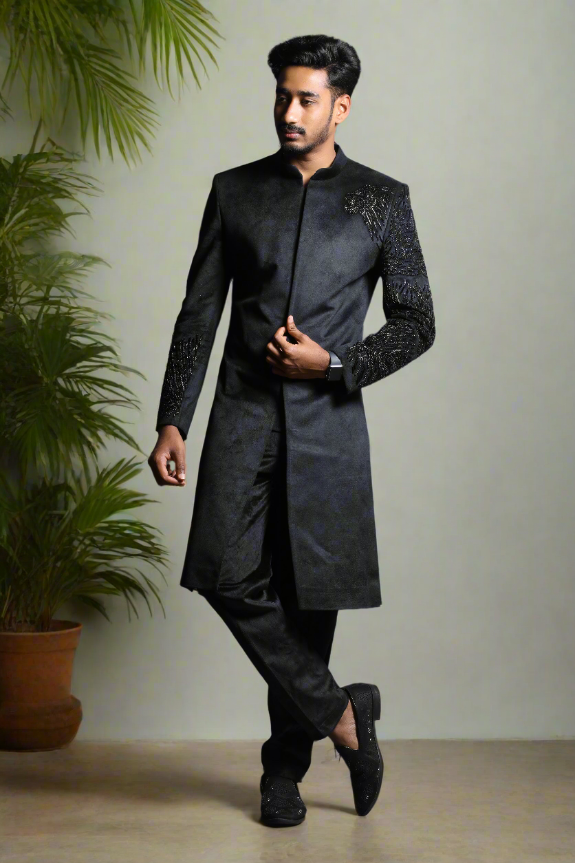 Men’s Black Handcrafted Sherwani inspired by Ranveer Singh.
