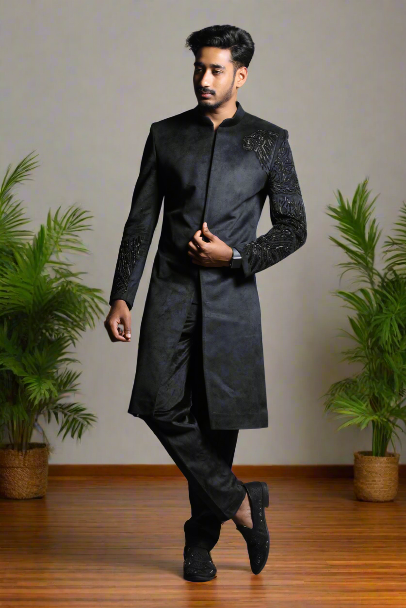 Men’s Black Handcrafted Sherwani inspired by Ranveer Singh.
