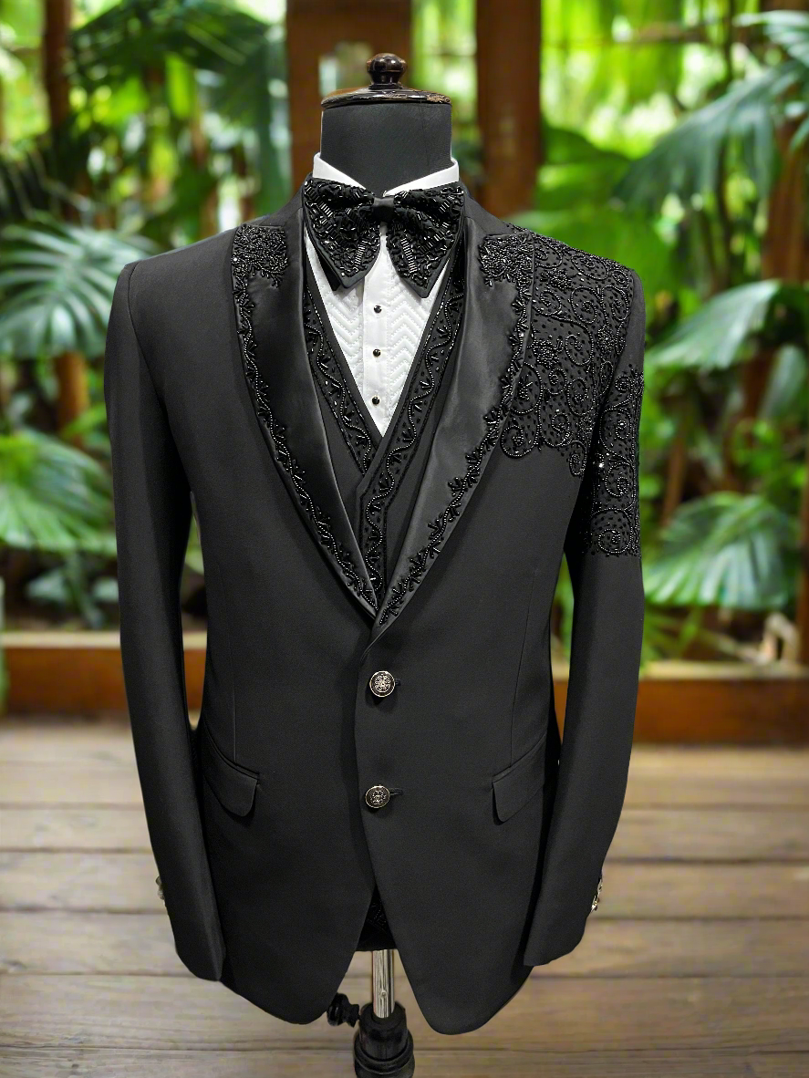 Men's Black Handcrafted Tuxedo Suit with Beads Work Detail
